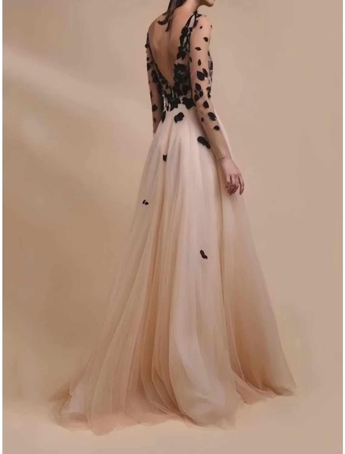 Champagne A-Line V-Neck Tulle Long Sleeve Train Evening Gown - Chloe Dress