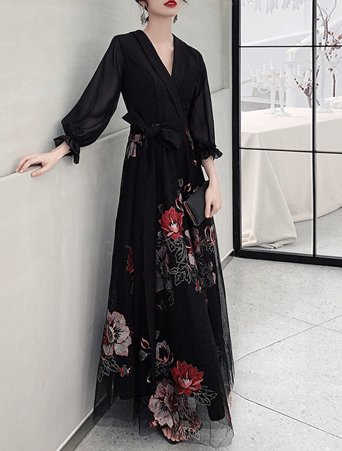 A-Line V-Neck Three-Quarter Sleeve Floor-Length Evening Dress - Chloe Dress