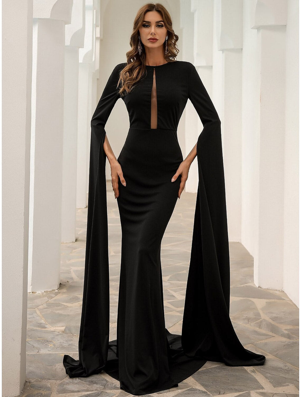 Black Mermaid Long Sleeve Pleated Evening Gown - Chloe Dress