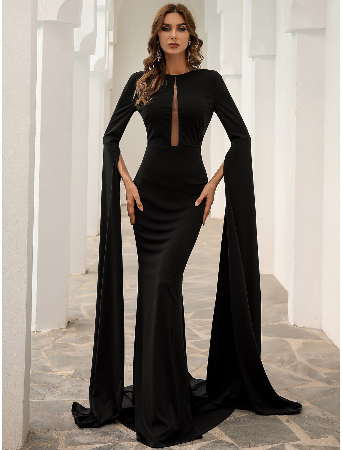 Black Mermaid Long Sleeve Pleated Evening Gown - Chloe Dress