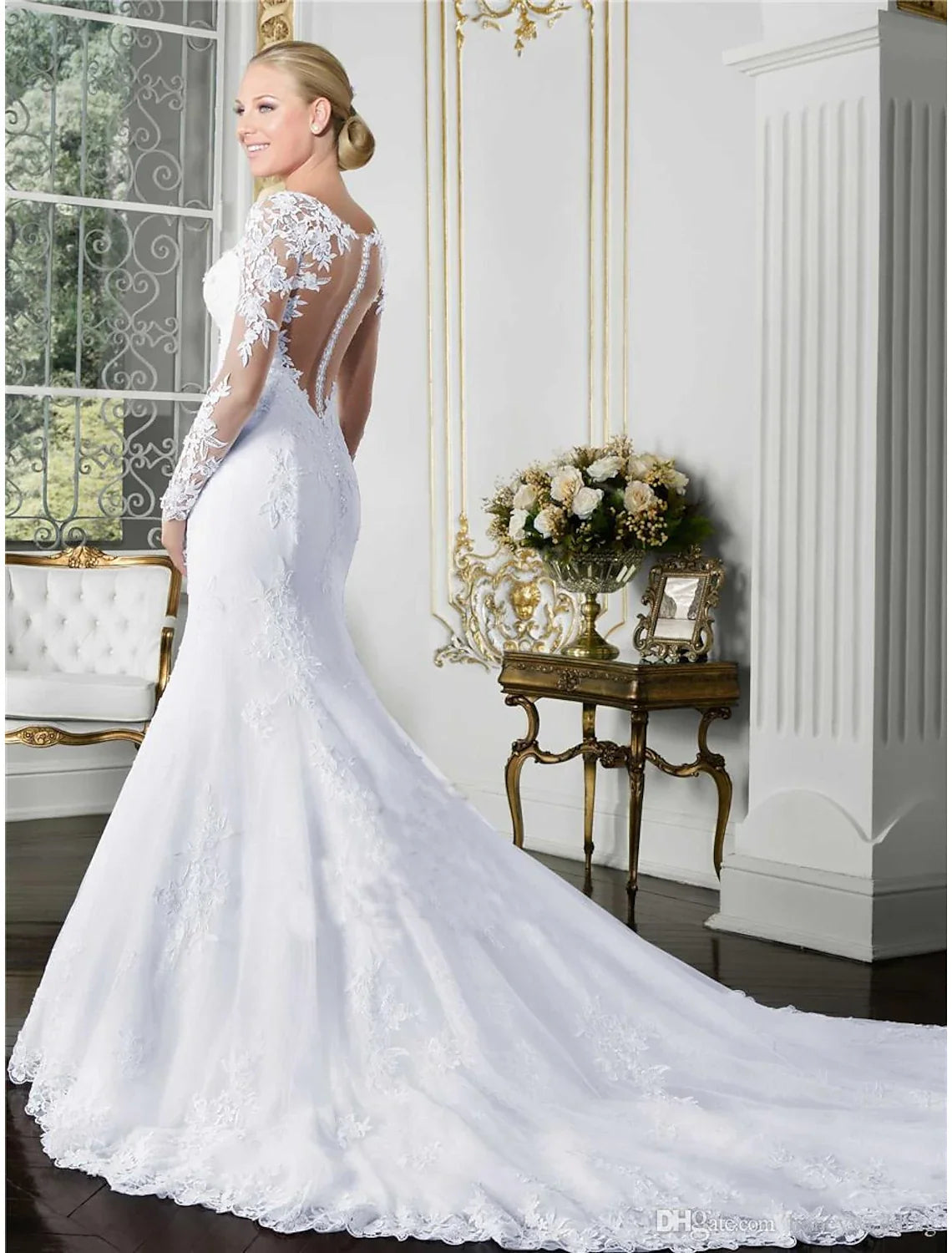 Mermaid Illusion Lace Long Sleeve Train Wedding Gown - Chloe Dress