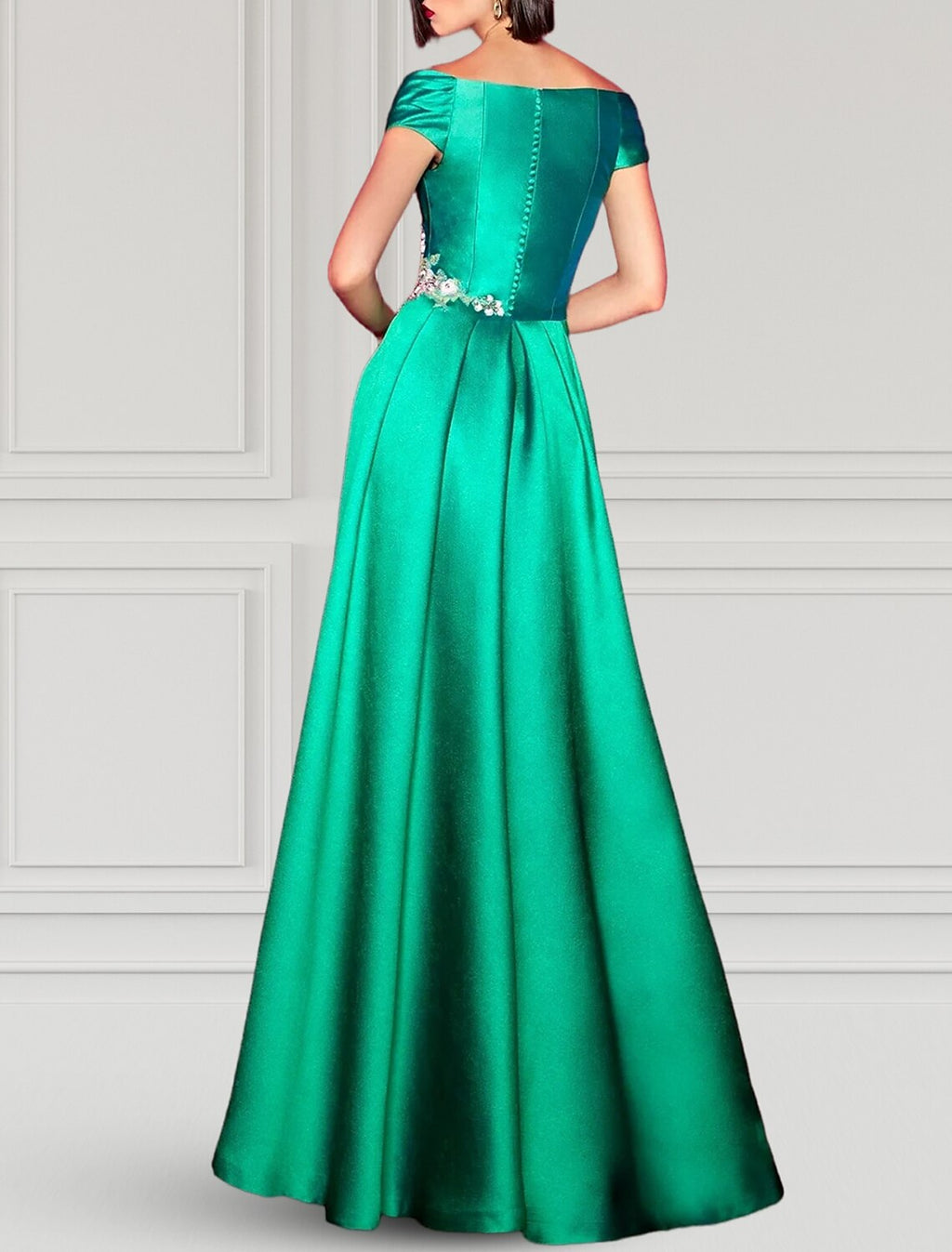 Green A-Line V-Neck Satin Short Sleeve High Slit Floor-Length Evening Gown - Chloe Dress