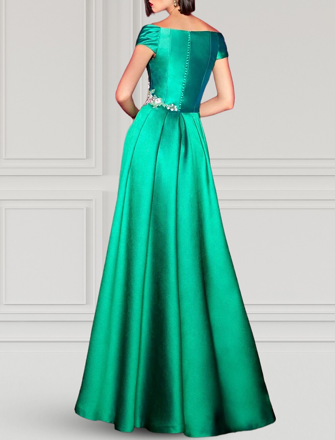 Green A-Line V-Neck Satin Short Sleeve High Slit Floor-Length Evening Gown - Chloe Dress