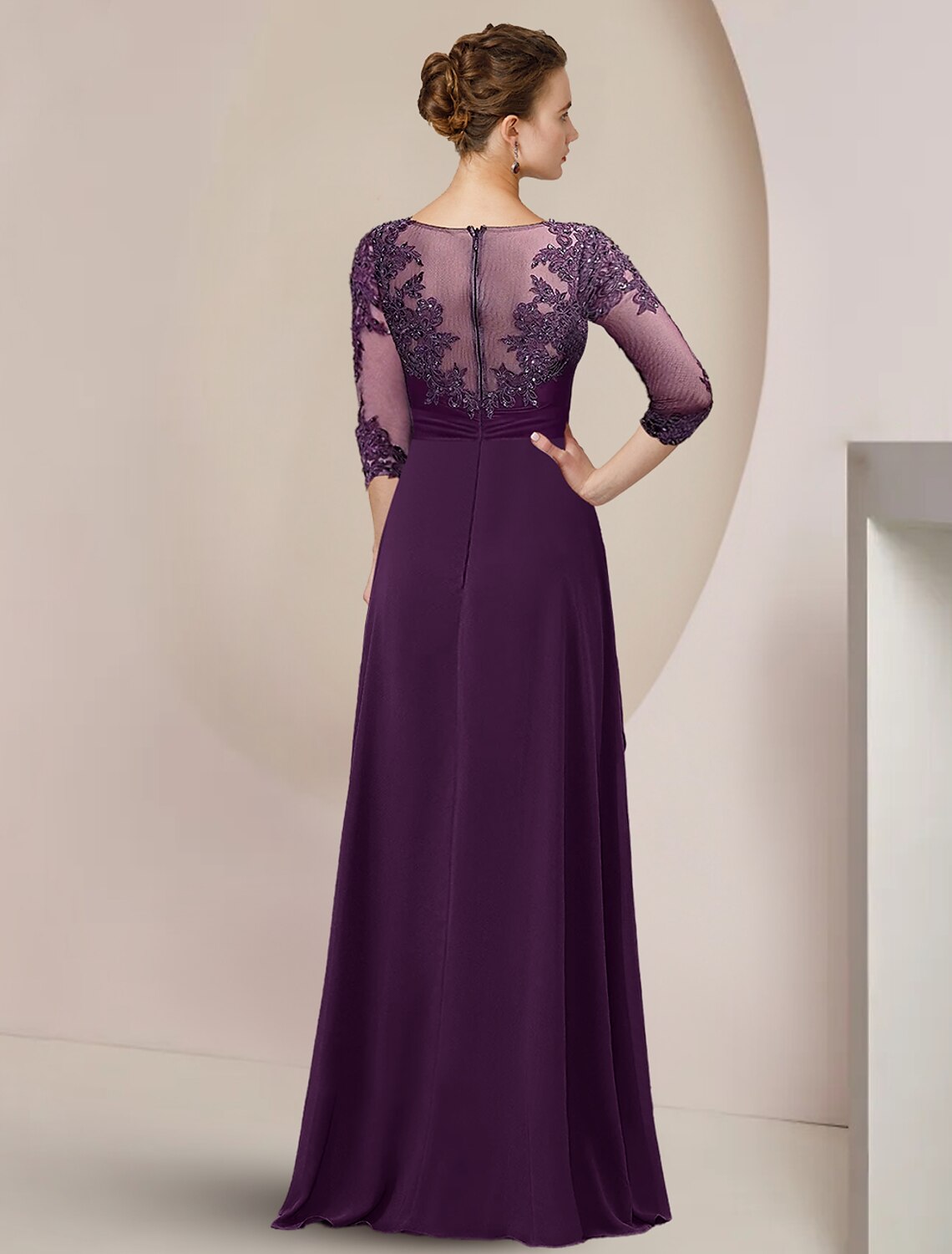 A-Line High Neck Chiffon Three-Quarter Sleeve Asymmetric Floor-Length Wedding Dress - Chloe Dress