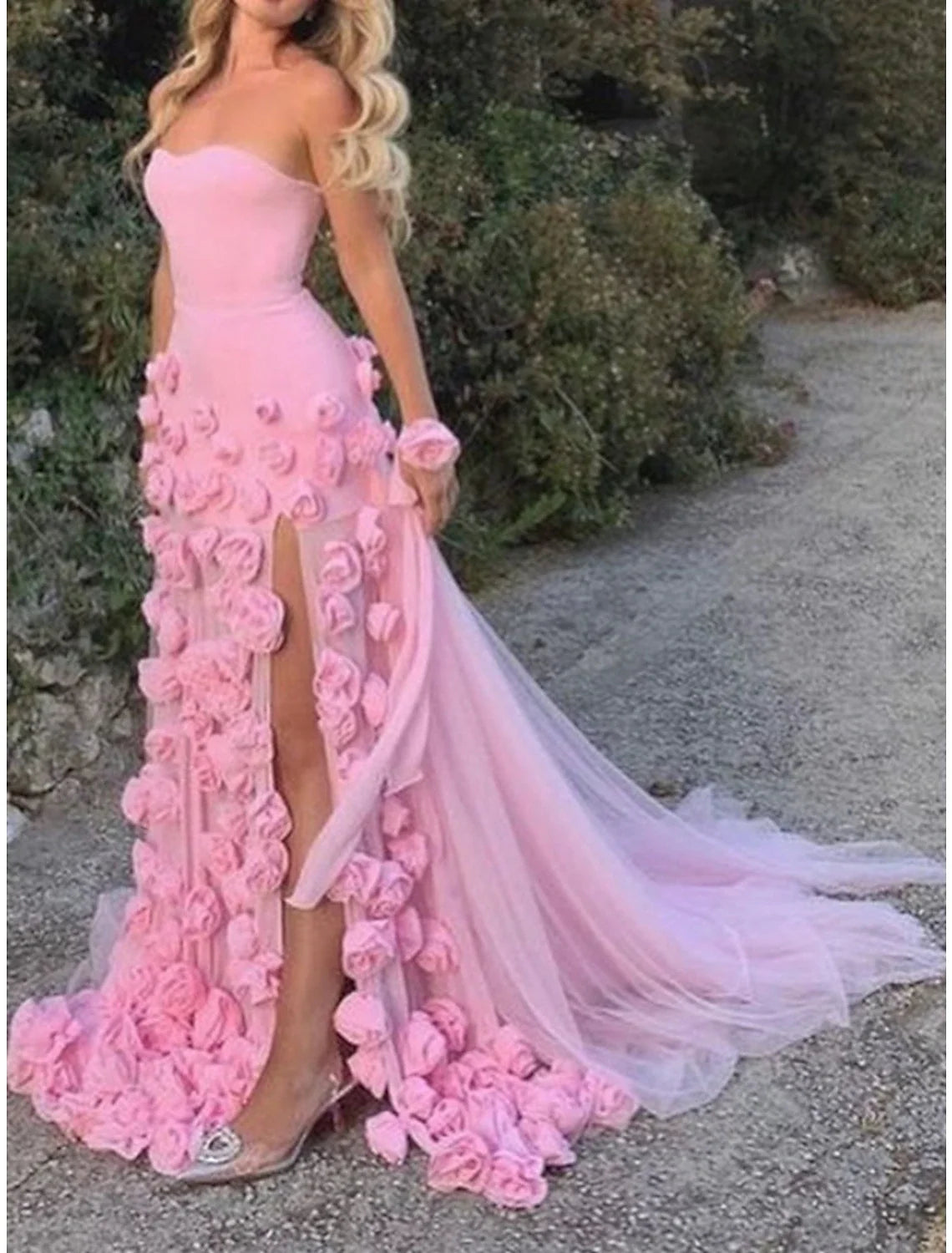 A-Line Strapless Tulle Sleeveless High Slit Prom Dress - Chloe Dress