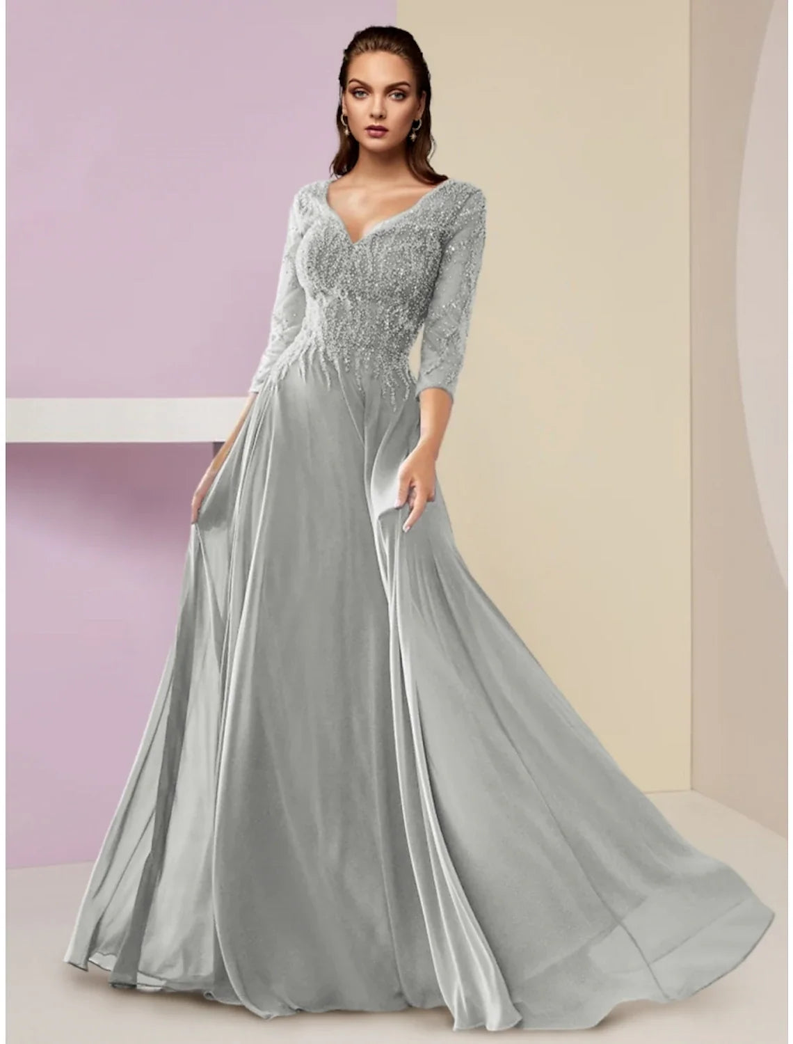 A-Line V-Neck Chiffon Three-Quarter Sleeve Floor-Length Wedding Dress - Chloe Dress