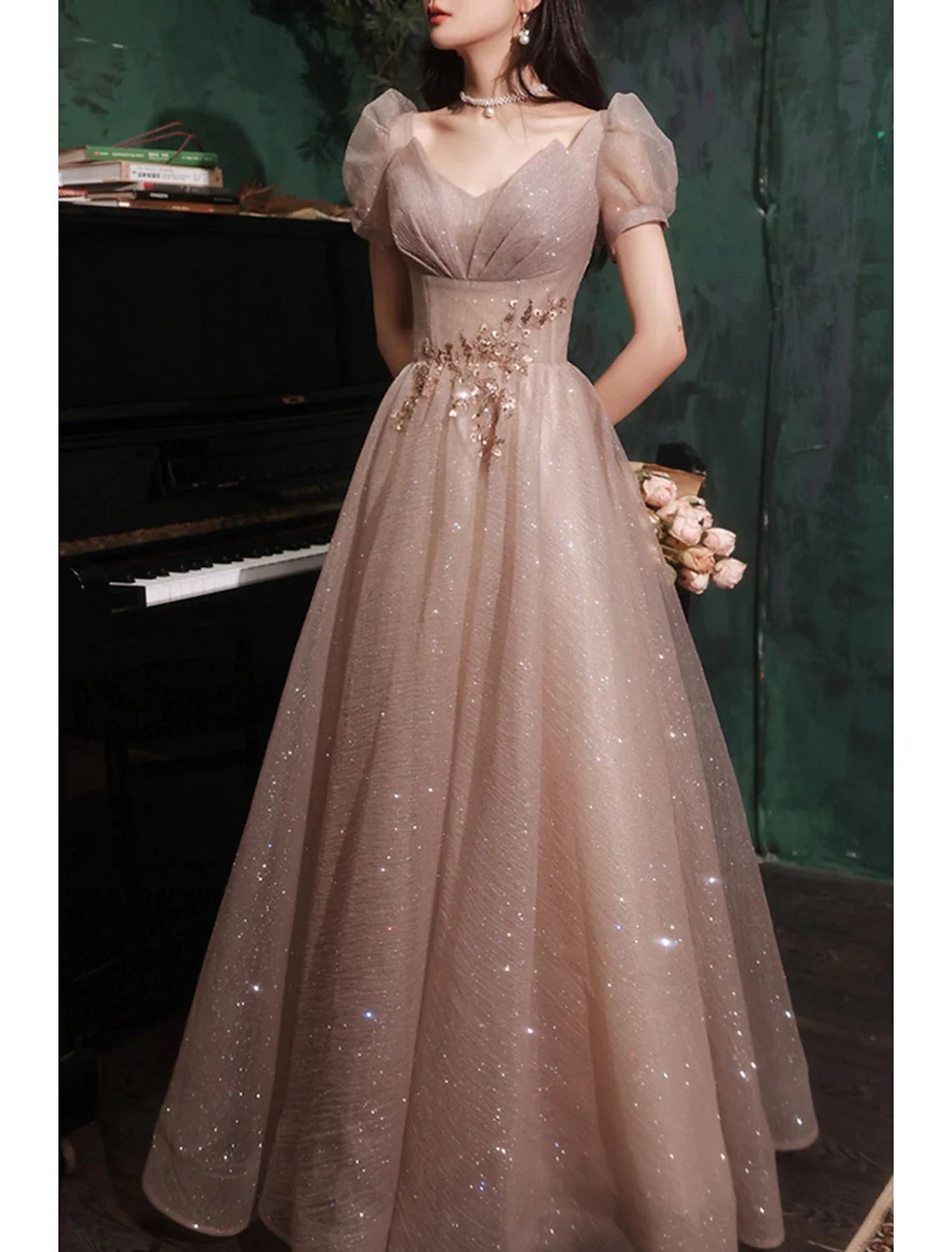 A-Line V-Neck Tulle Short Sleeve Floor-Length Prom Dress - Chloe Dress