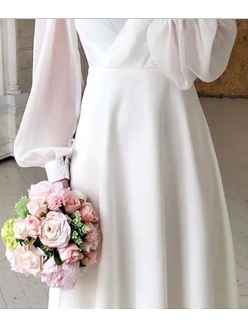 White A-Line V-Neck Chiffon Long Sleeve Ankle-Length Wedding Gown - Chloe Dress