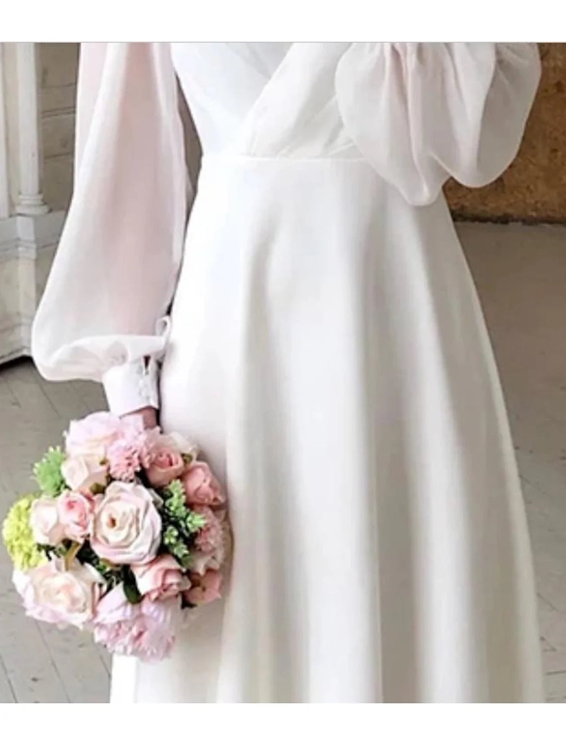 White A-Line V-Neck Chiffon Long Sleeve Ankle-Length Wedding Gown - Chloe Dress
