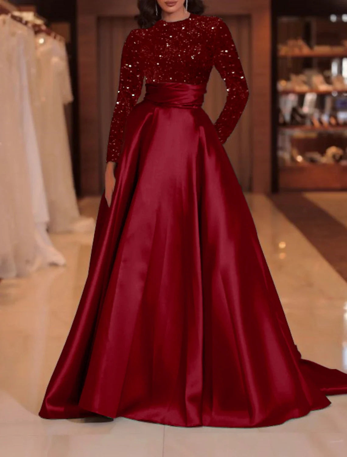 Green A-Line High Neck Satin Long Sleeve Train Evening Gown - Chloe Dress