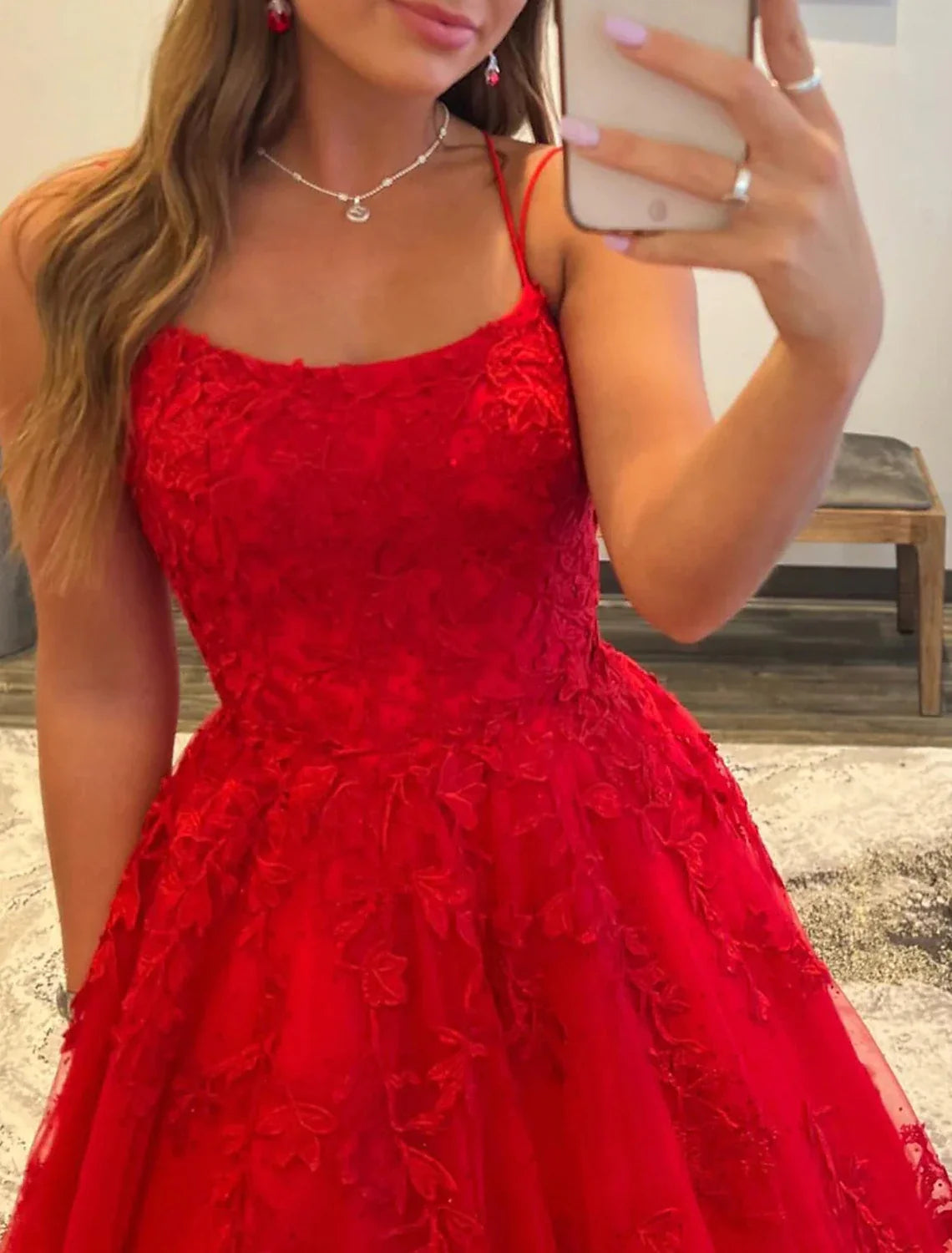 A-Line Spaghetti Strap Tulle Sleeveless Backless Applique Floor-Length Evening Dress - Chloe Dress