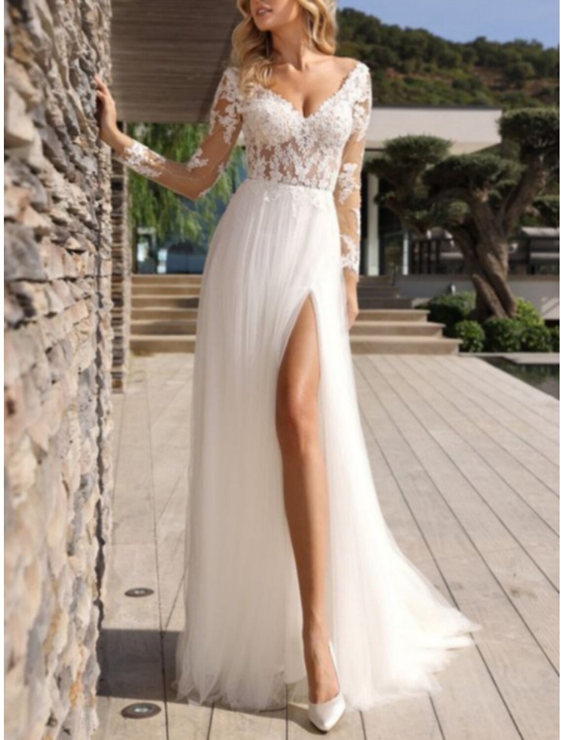 A-Line V-Neck Lace Long Sleeve Pleated Wedding Gown - Chloe Dress