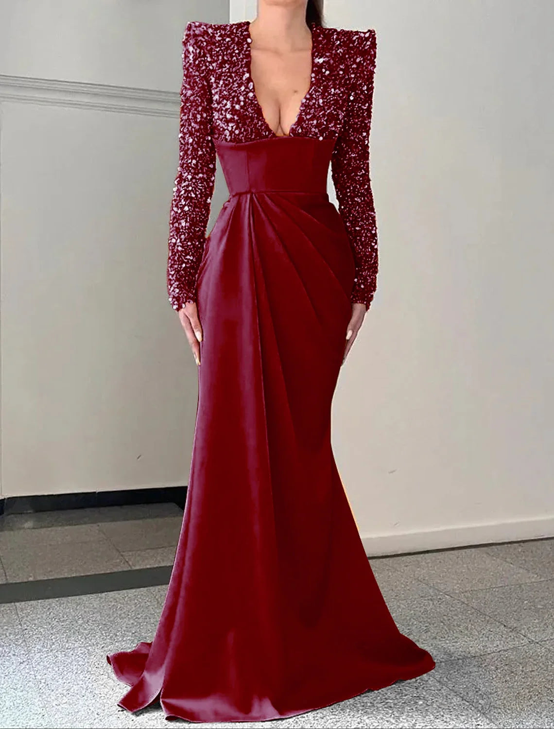 Champagne Mermaid V-Neck Satin Long Sleeve Pleated Evening Gown - Chloe Dress