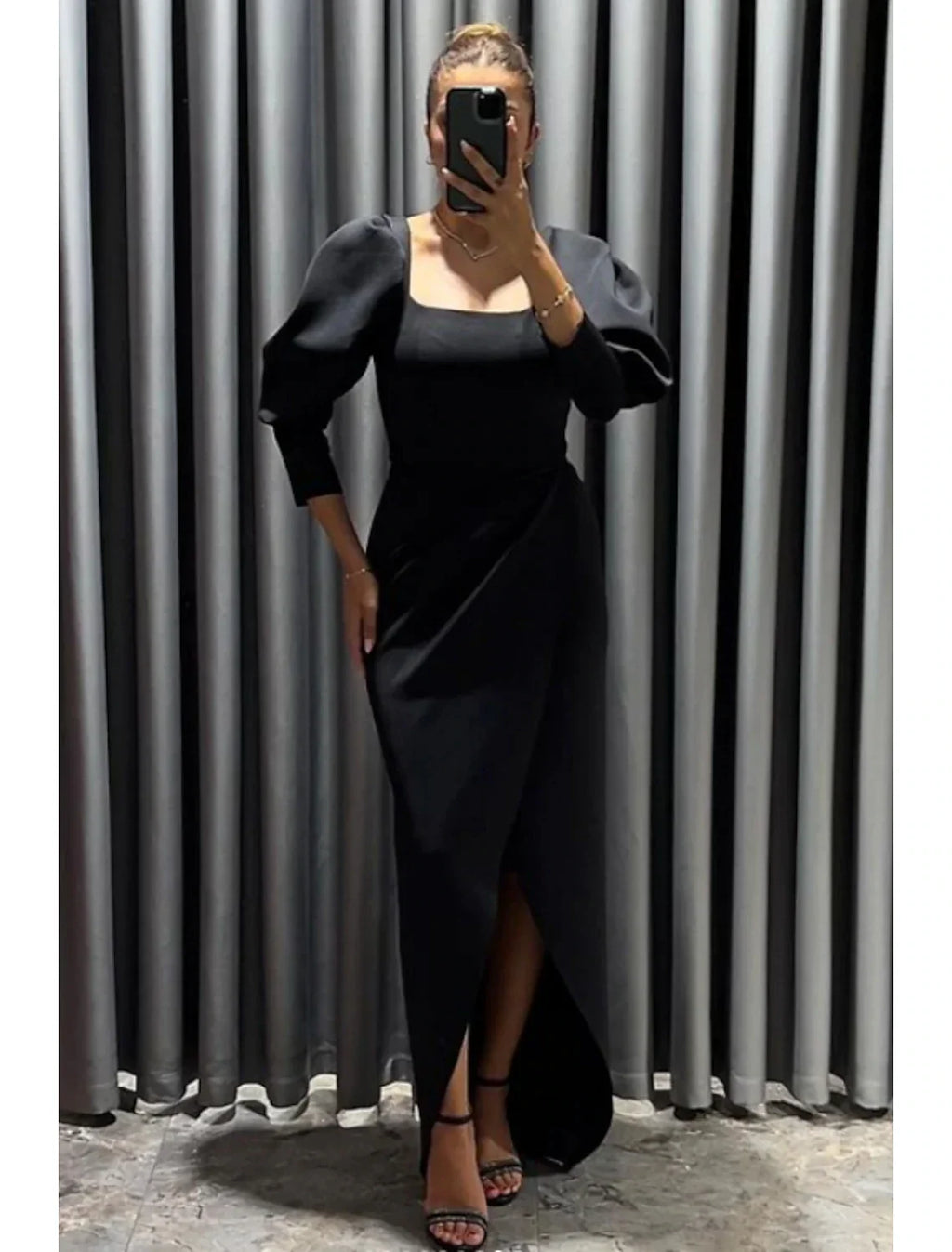 Black Sheath Square Neck Three-Quarter Sleeve High Slit Evening Gown - Chloe Dress