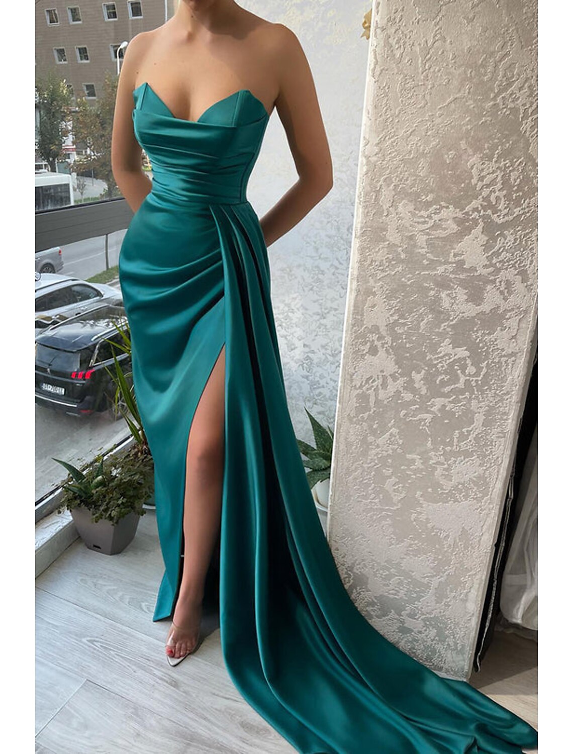 Mermaid Strapless Satin Sleeveless High Slit Evening Gown - Chloe Dress