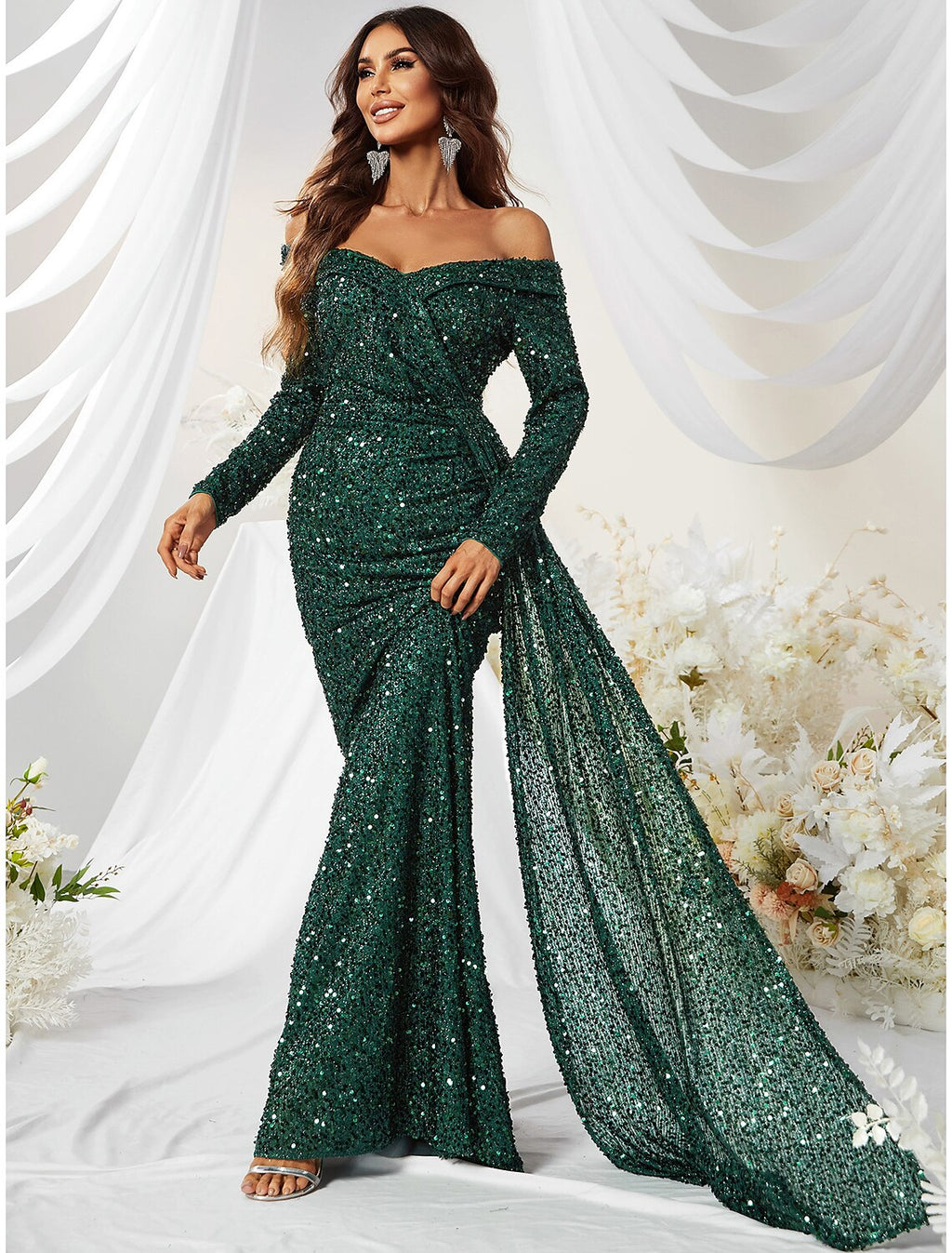 Green Mermaid Off-Shoulder Sequin Long Sleeve Train Evening Gown - Chloe Dress