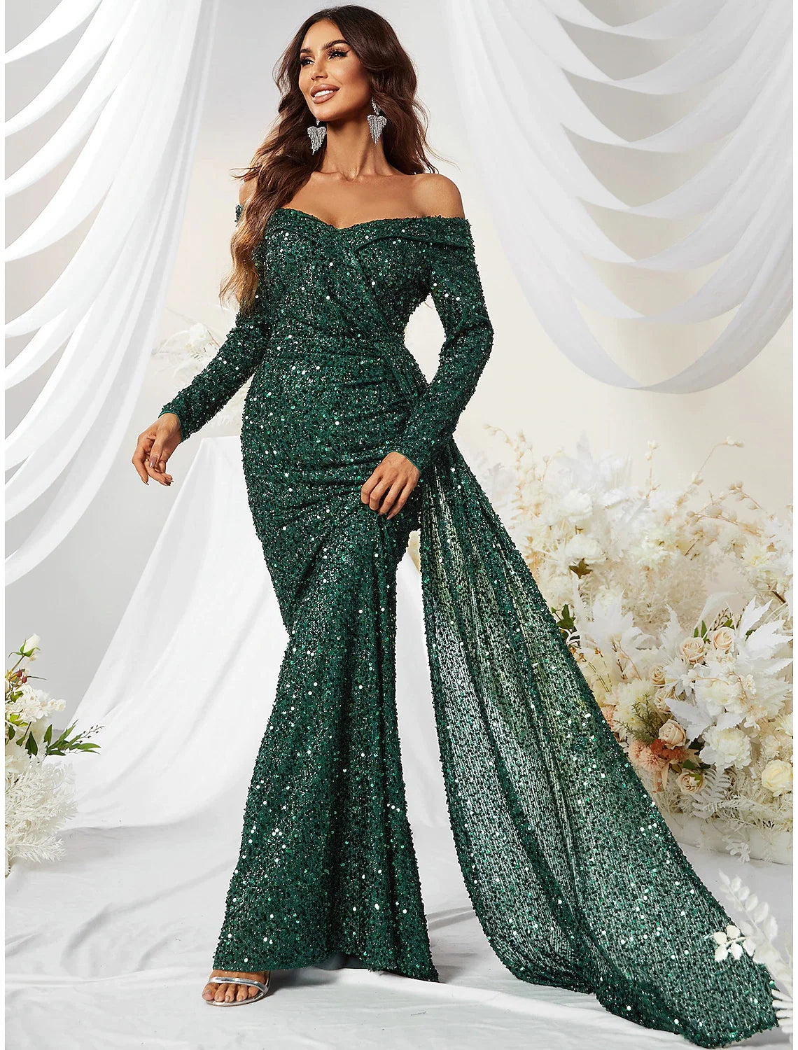 Mermaid Off-Shoulder Sequin Long Sleeve Train Evening Gown - Chloe Dress