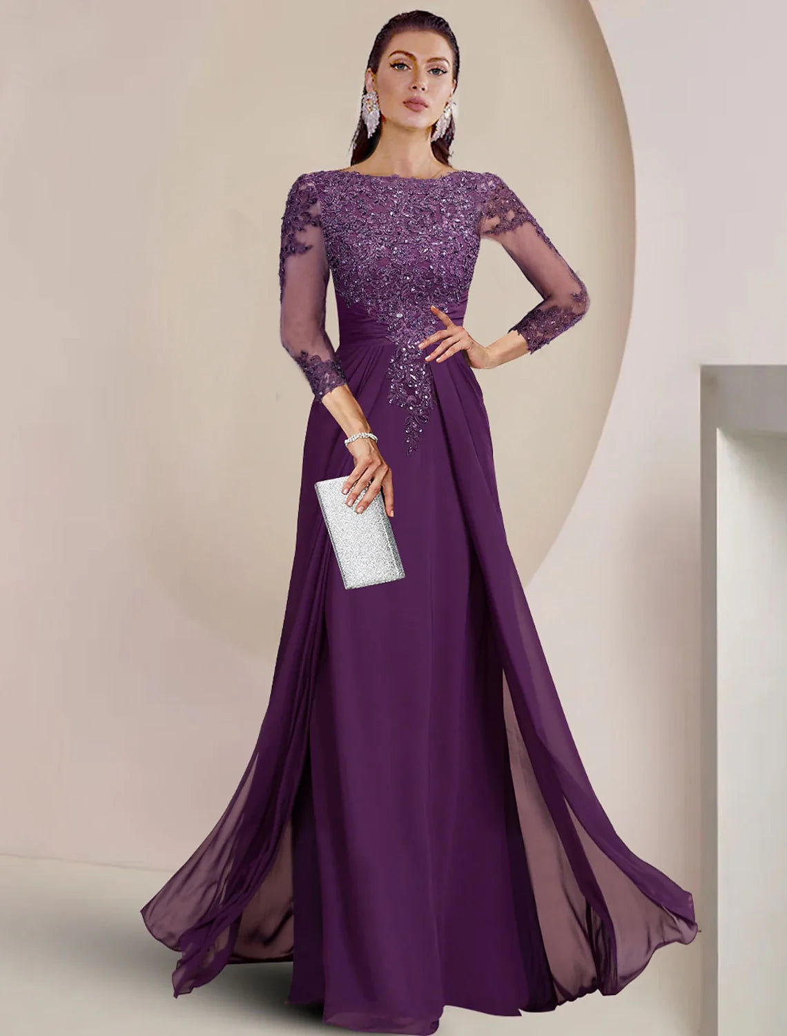 Sheath Chiffon Three-Quarter Sleeve Applique Floor-Length Wedding Dress - Chloe Dress
