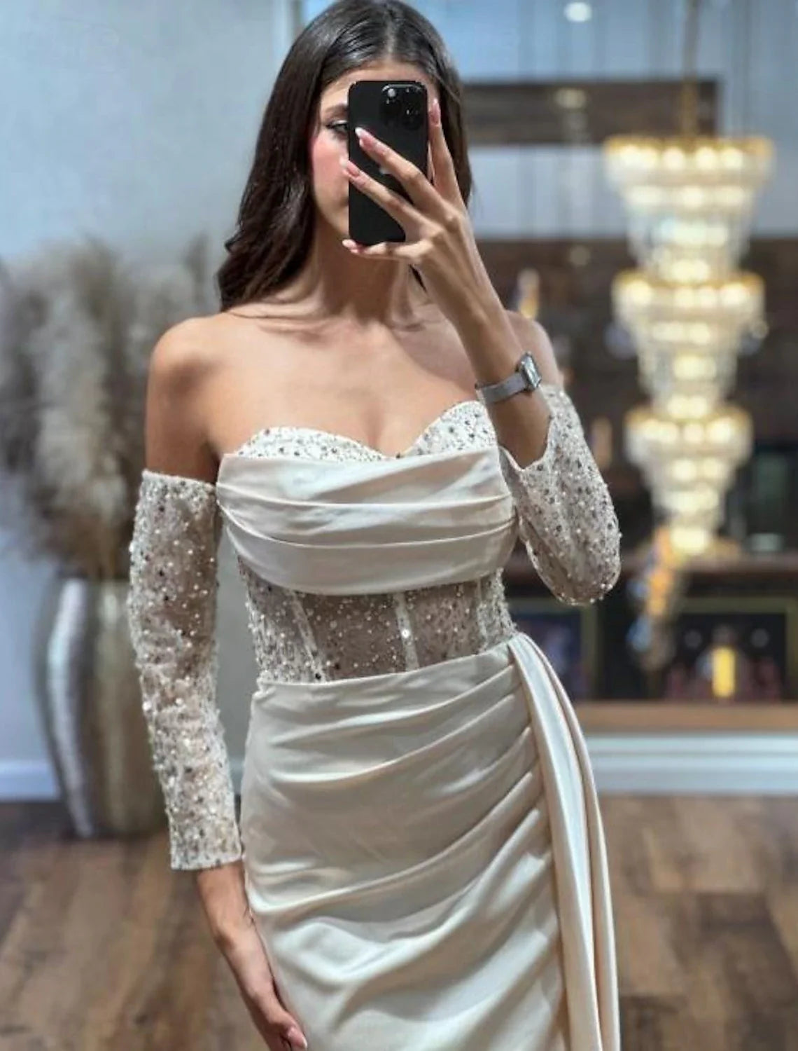 Sheath Sweetheart Satin Long Sleeve High Slit Floor-Length Prom Dress - Chloe Dress