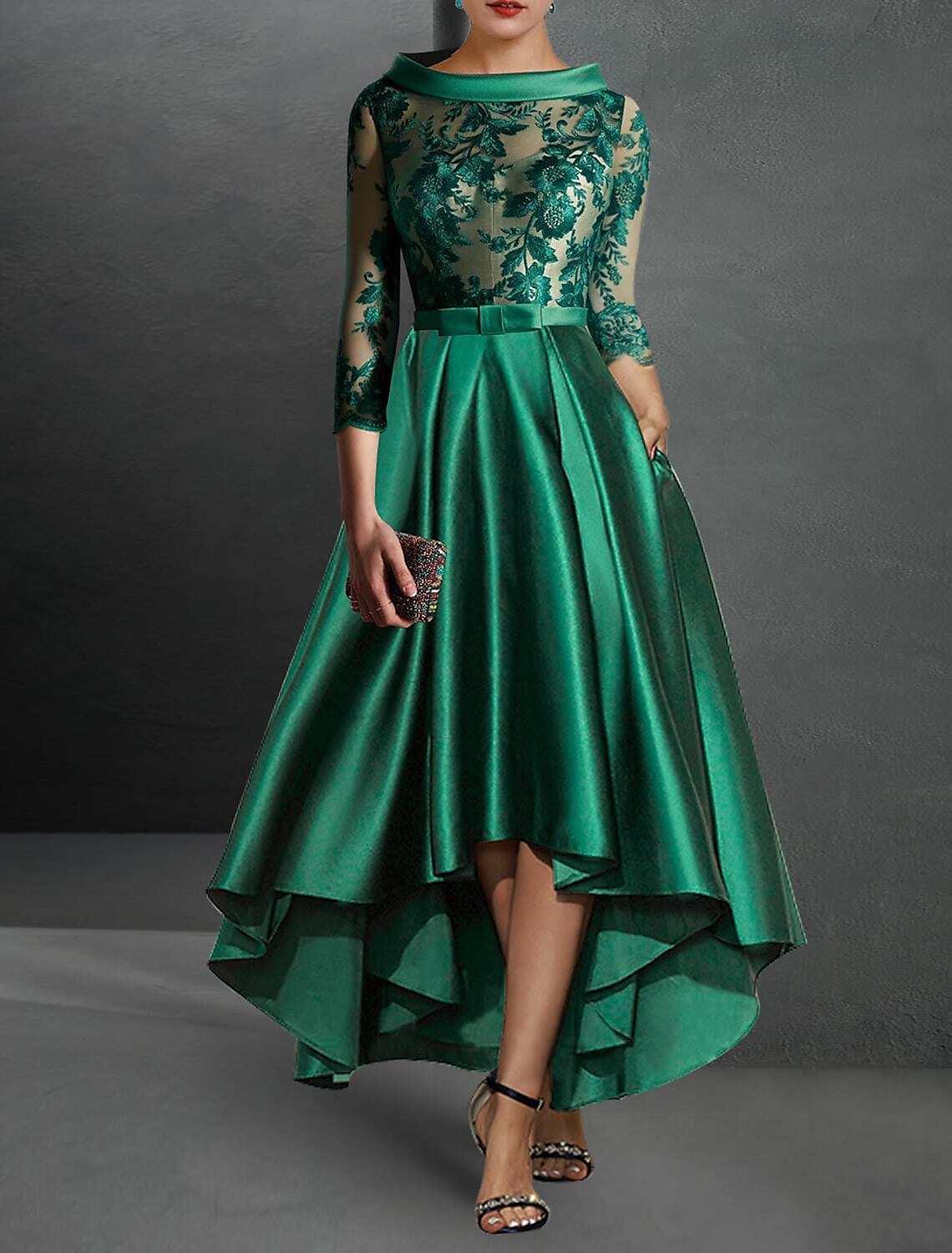Green A-Line Satin Three-Quarter Sleeve Pleated Wedding Dress - Chloe Dress