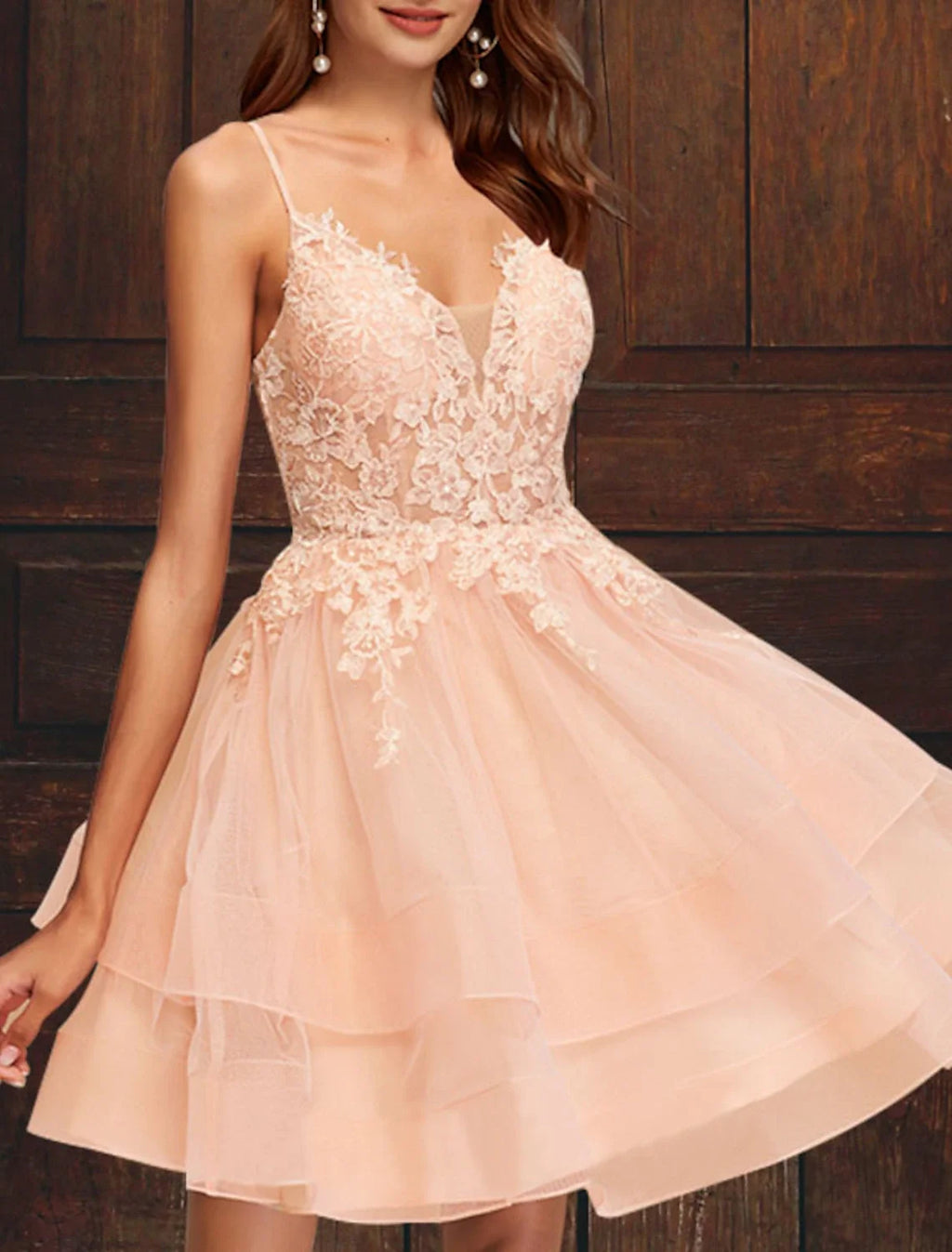 Pink A-Line V-Neck Tulle Sleeveless Tiered Mini Cocktail Dress - Chloe Dress