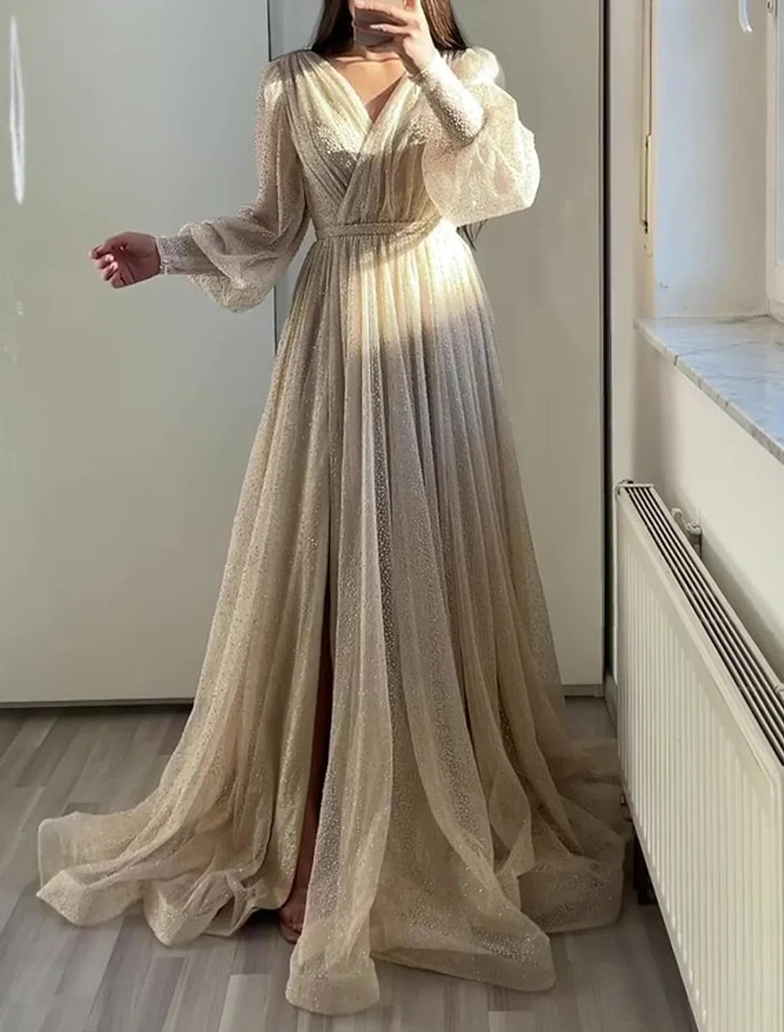 Black A-Line V-Neck Tulle Long Sleeve Floor-Length Prom Dress - Chloe Dress
