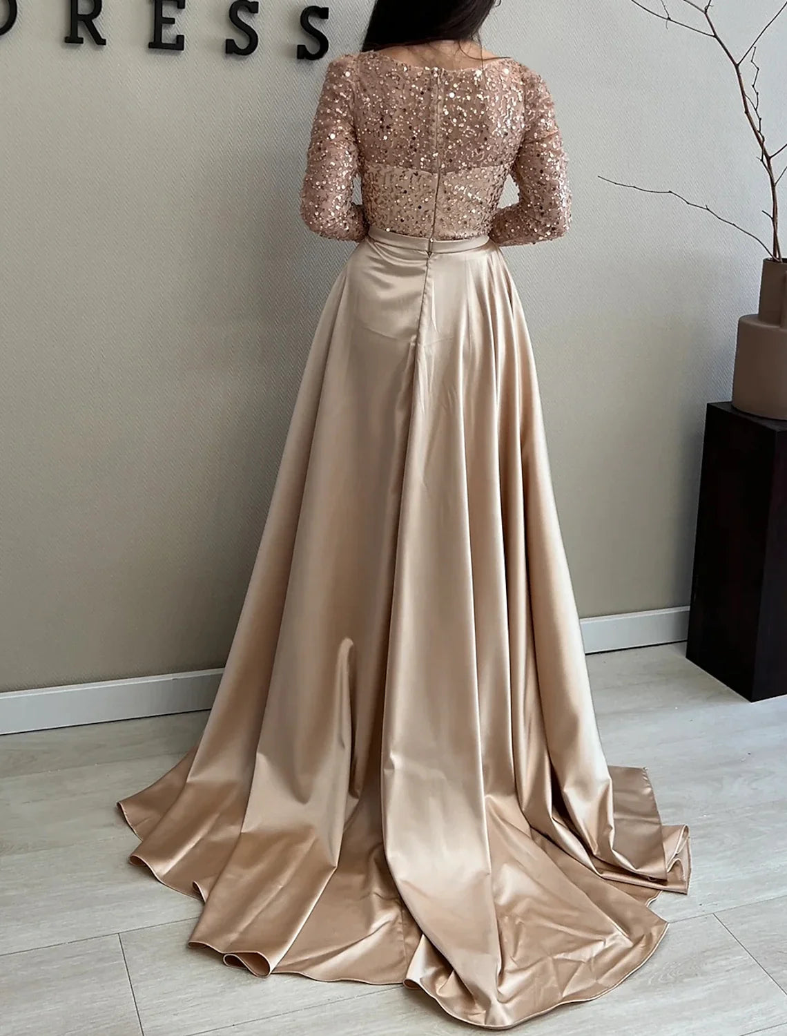 Black A-Line Satin Long Sleeve Floor-Length Evening Gown - Chloe Dress