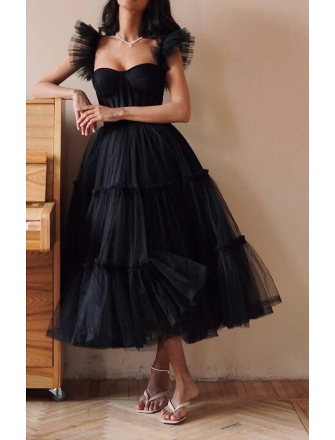 Black A-Line Sweetheart Tulle Sleeveless Ruffled Ankle-Length Prom Dress - Chloe Dress