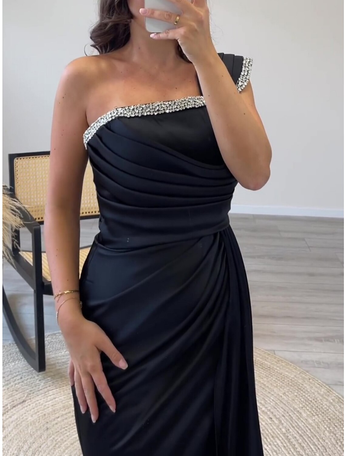 Black Sheath One-Shoulder Satin Sleeveless Pleated Evening Gown - Chloe Dress