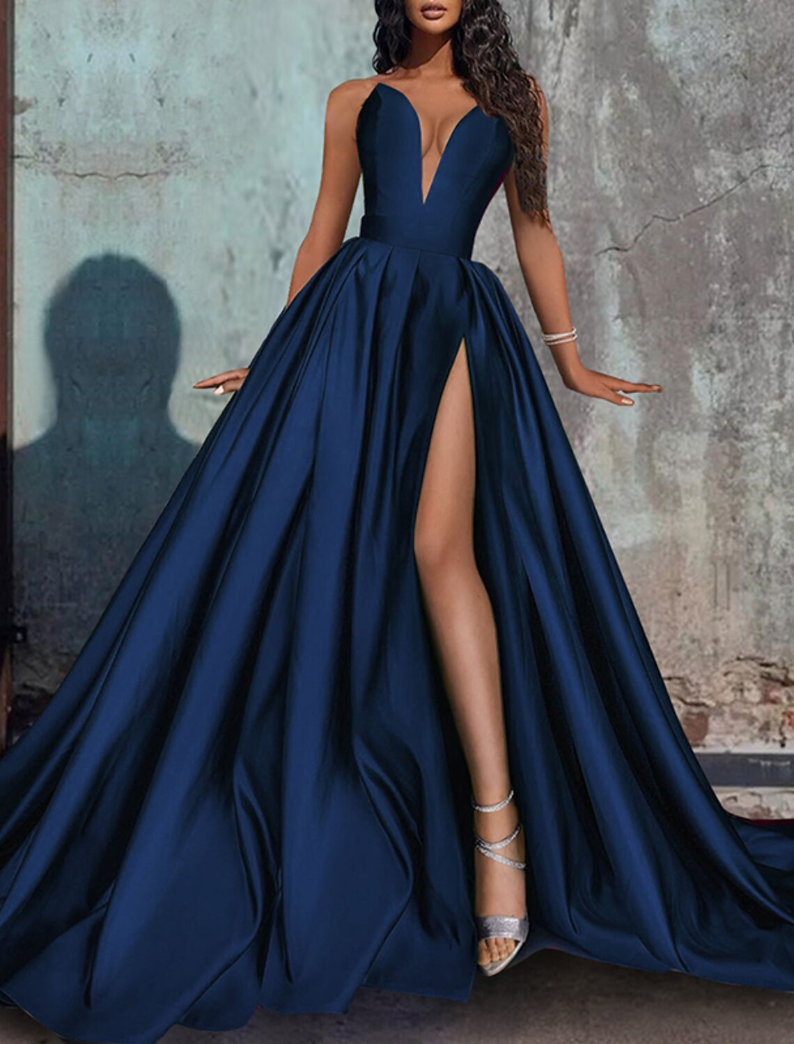 Green A-Line Strapless Satin Sleeveless High Slit Evening Gown - Chloe Dress
