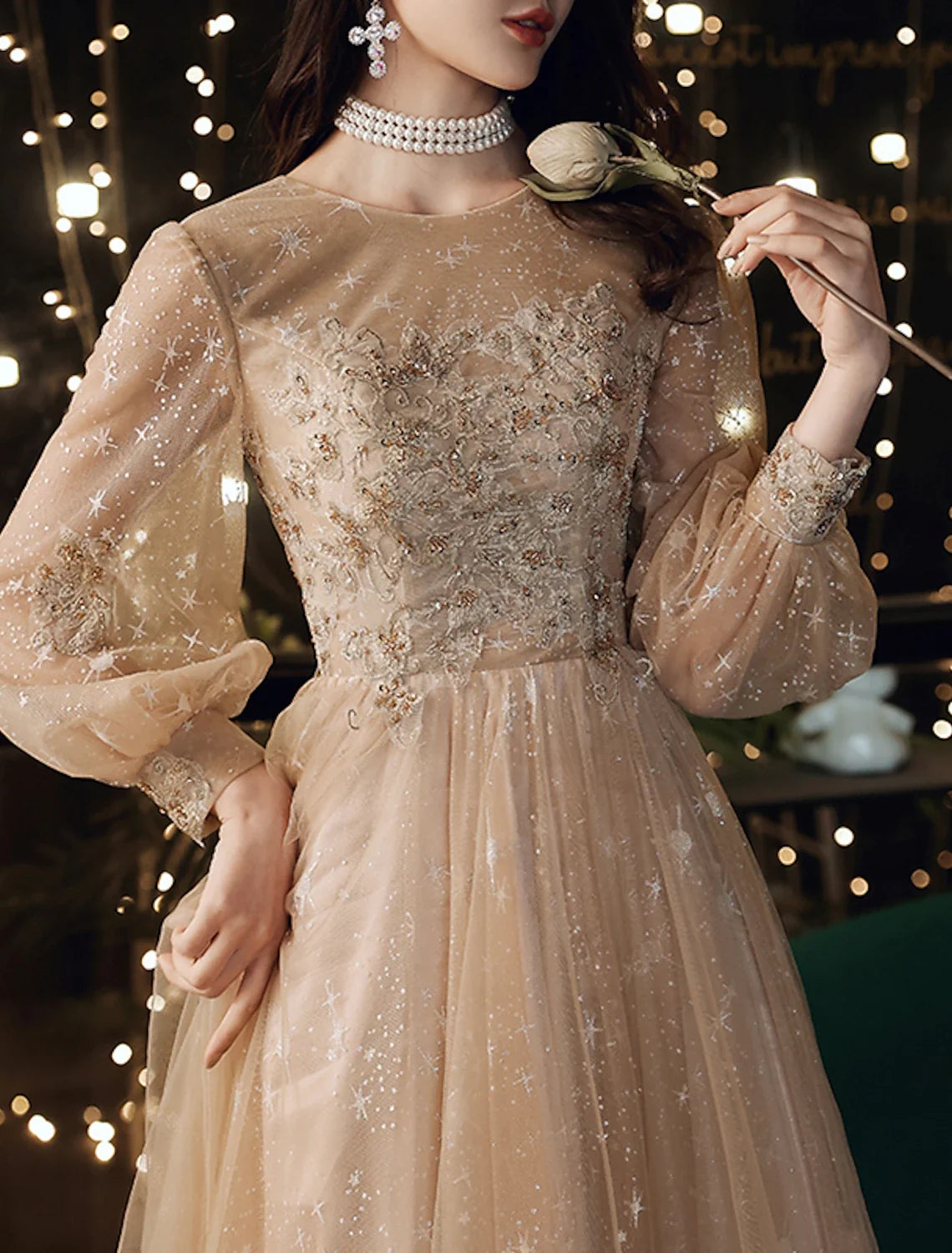 A-Line Tulle Long Sleeve Applique Floor-Length Prom Dress - Chloe Dress