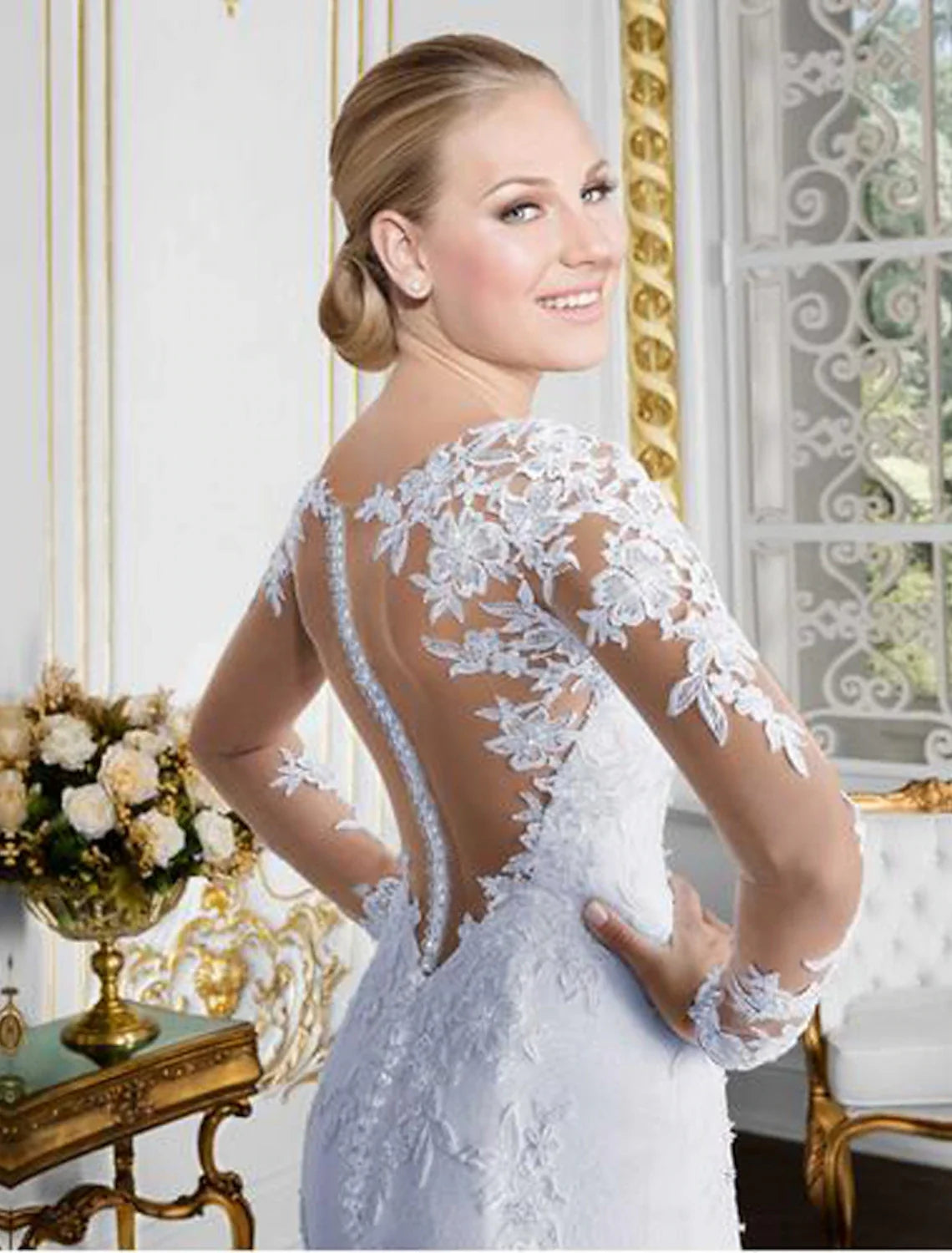 Mermaid Illusion Lace Long Sleeve Open Back Train Wedding Gown - Chloe Dress