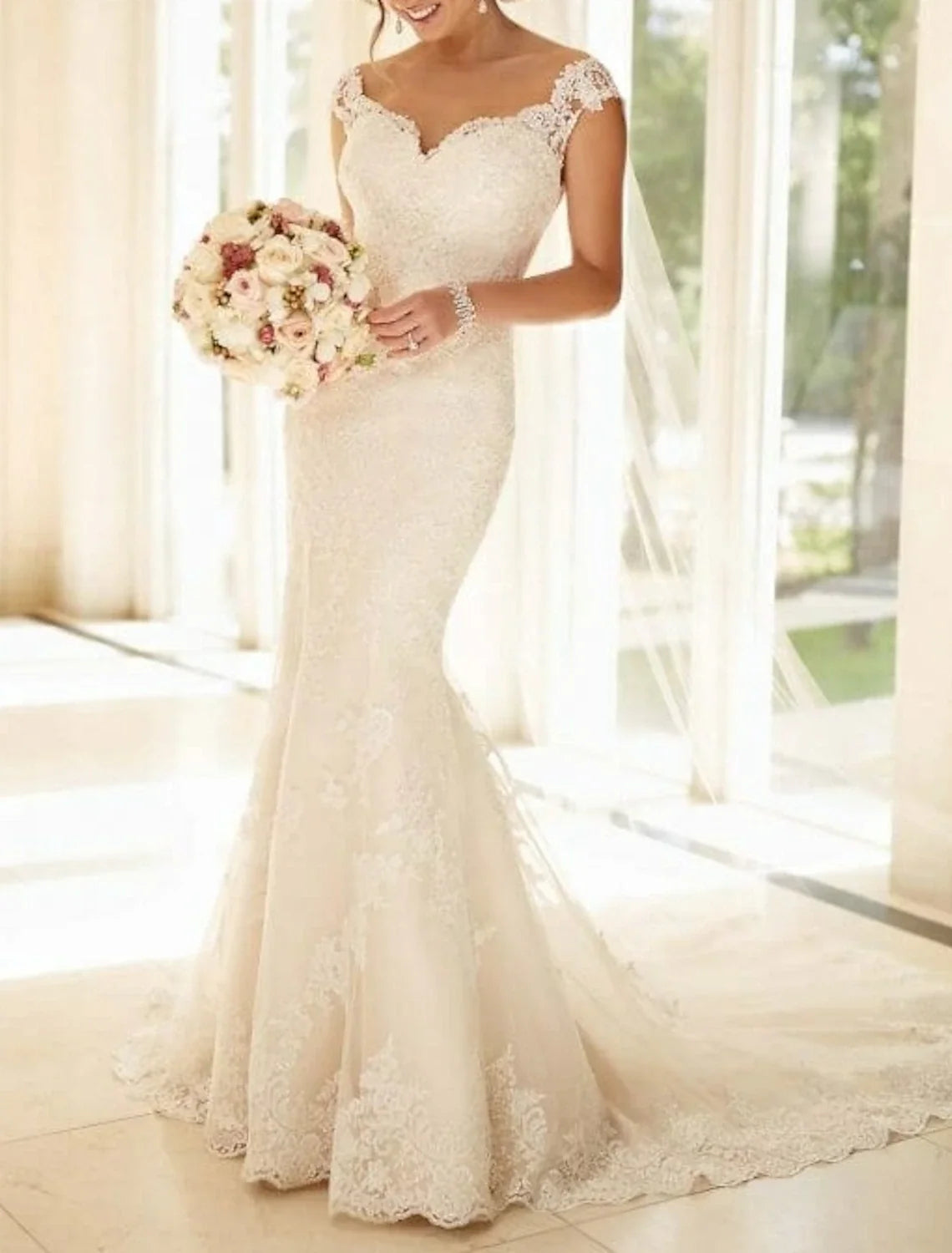 Mermaid V-Neck Lace Cap Sleeve Button Back Train Wedding Gown - Chloe Dress