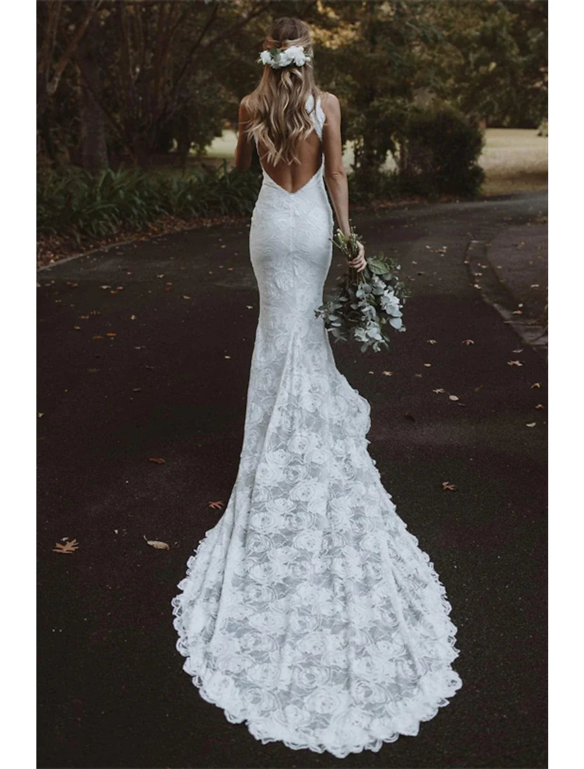 Mermaid Halter Lace Sleeveless Open Back Train Wedding Gown - Chloe Dress