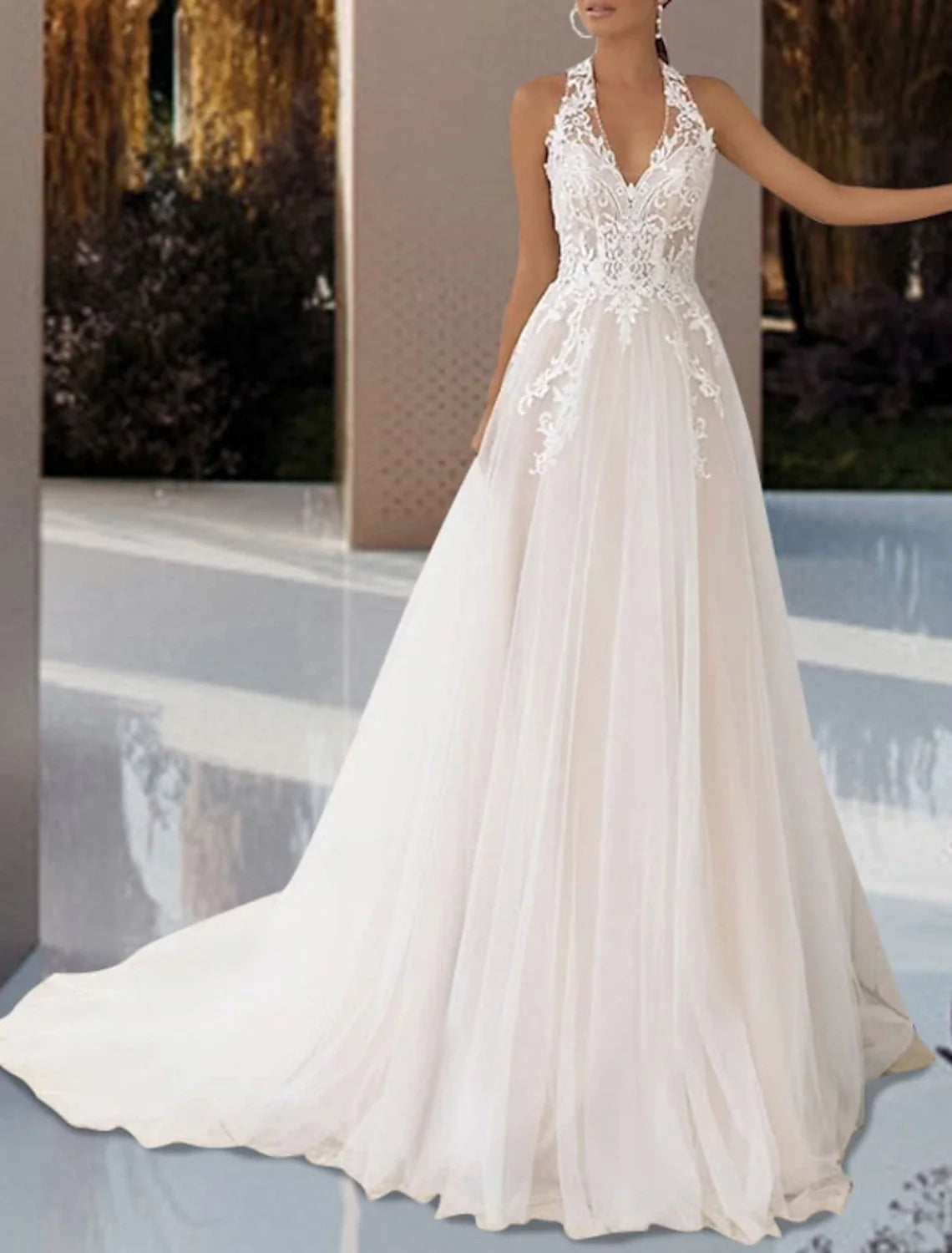 A-Line Halter Lace Sleeveless Open Back Pleated Wedding Gown - Chloe Dress