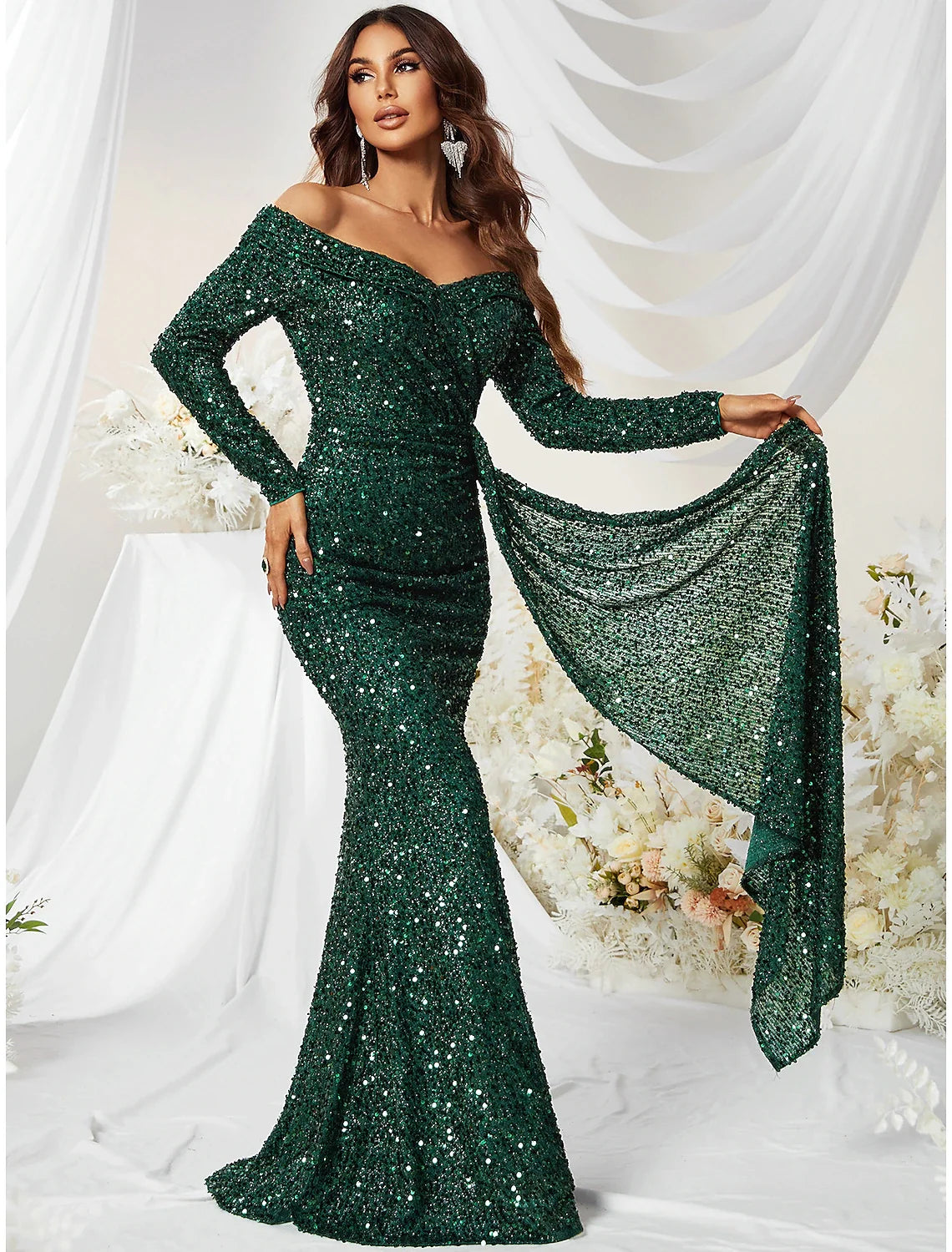 Mermaid Off-Shoulder Sequin Long Sleeve Train Evening Gown - Chloe Dress