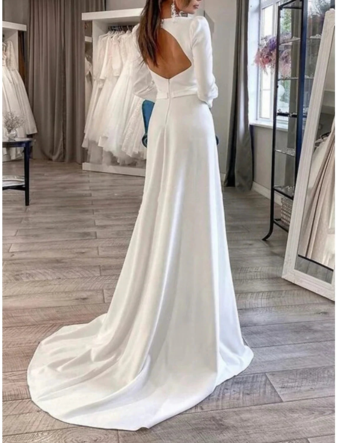 Sheath Sweetheart Satin Long Sleeve Pleated Wedding Gown - Chloe Dress
