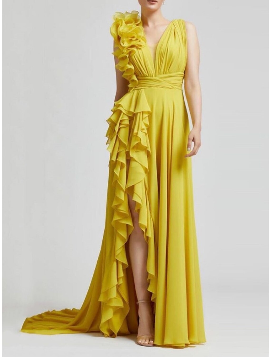 A-Line V-Neck Chiffon Sleeveless Ruffled Evening Gown - Chloe Dress