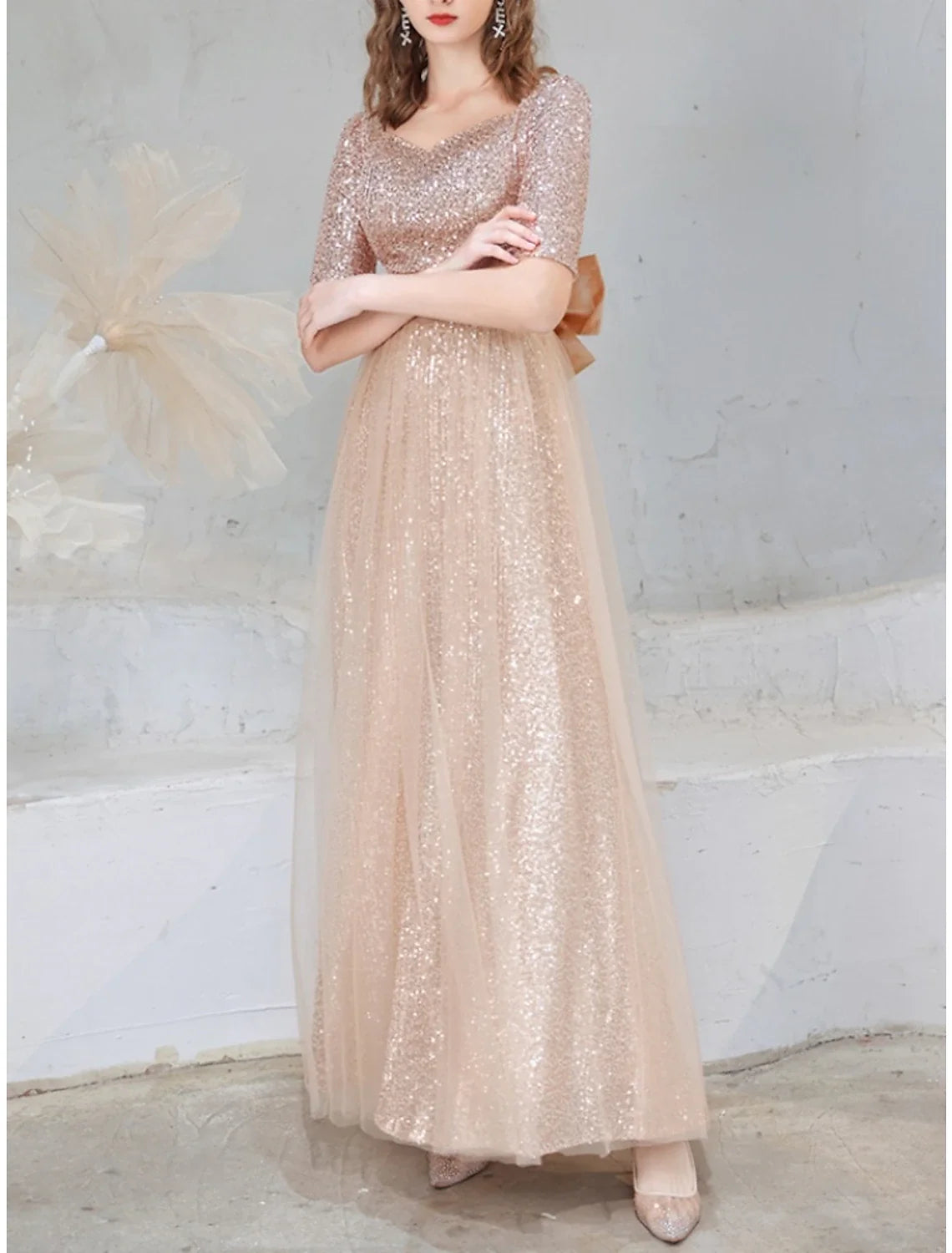 A-Line Square Neck Sequin Short Sleeve Pleated Mini Prom Dress - Chloe Dress