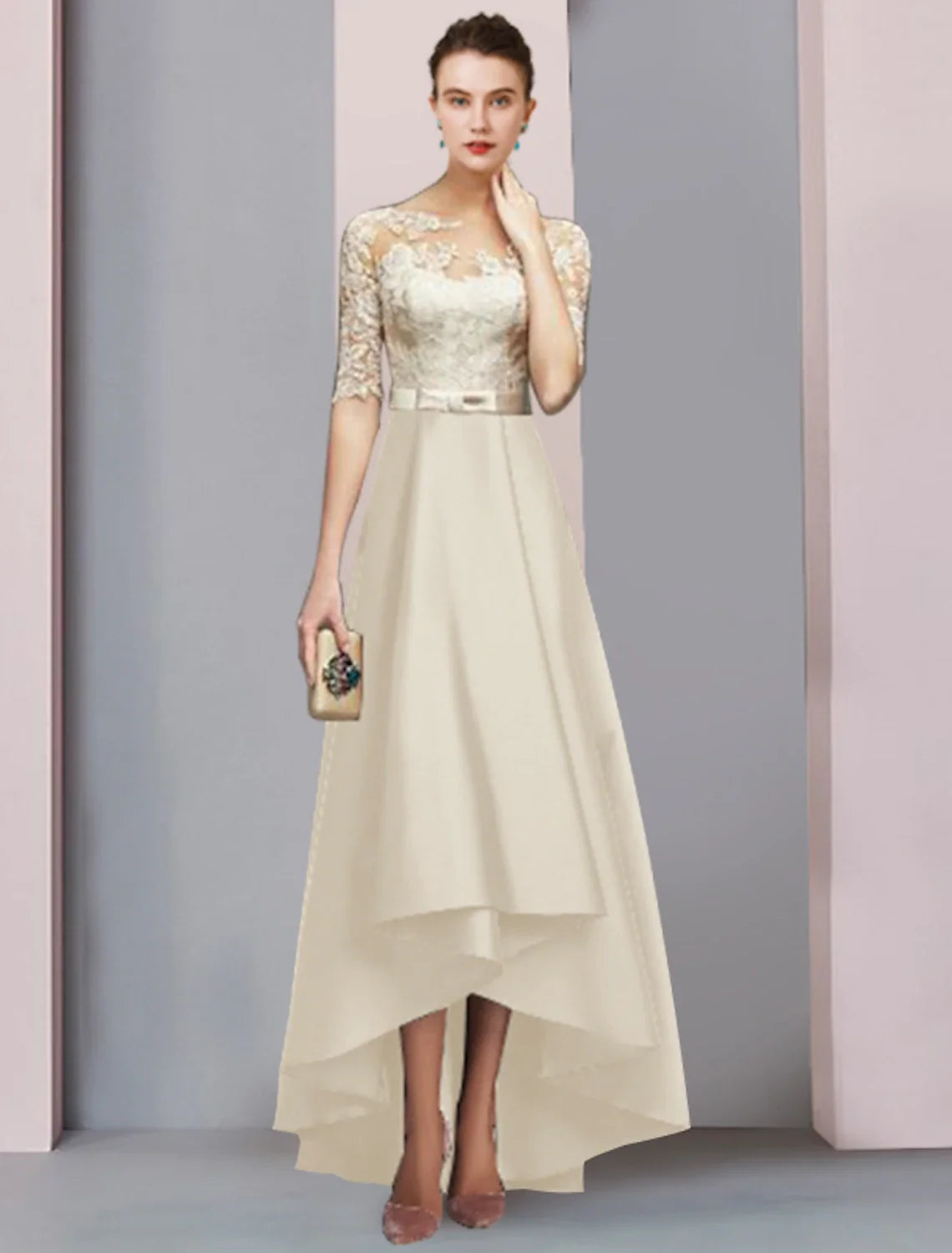 A-Line High Neck Satin Asymmetric Tea-Length Wedding Dress - Chloe Dress