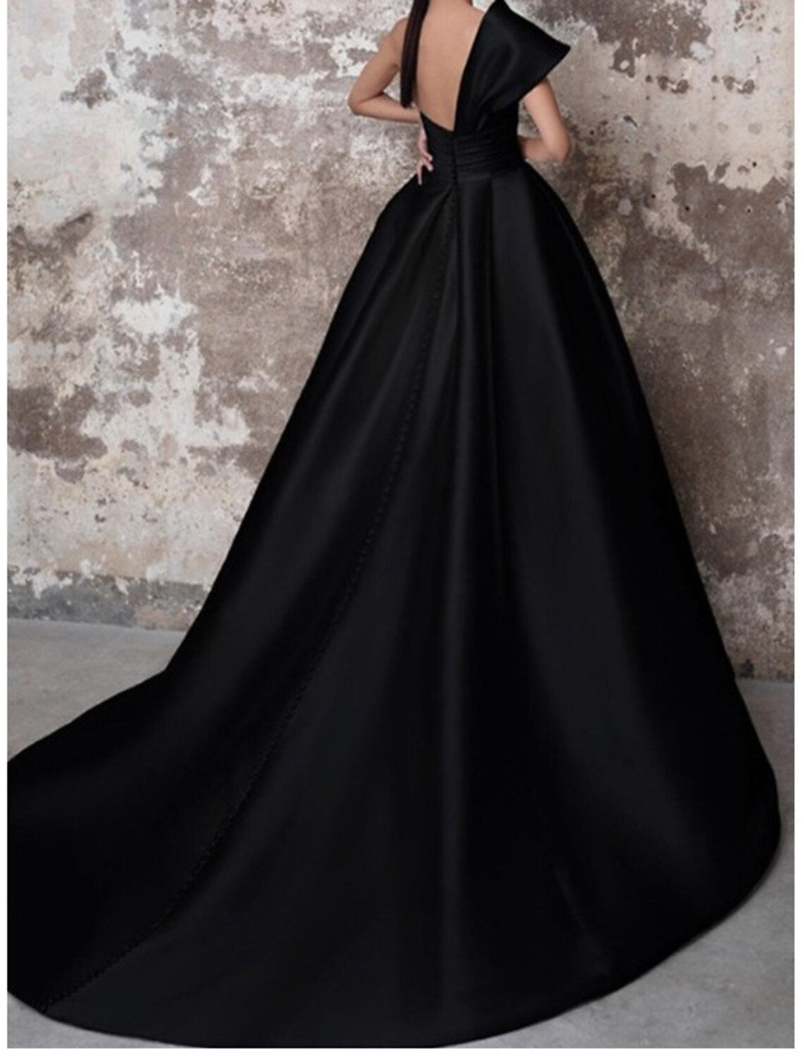 Black A-Line One-Shoulder Satin Sleeveless Backless Train Evening Gown - Chloe Dress