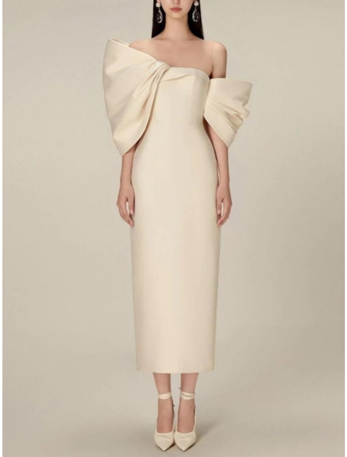 Sheath Off-Shoulder Satin Tea-Length Evening Gown - Chloe Dress