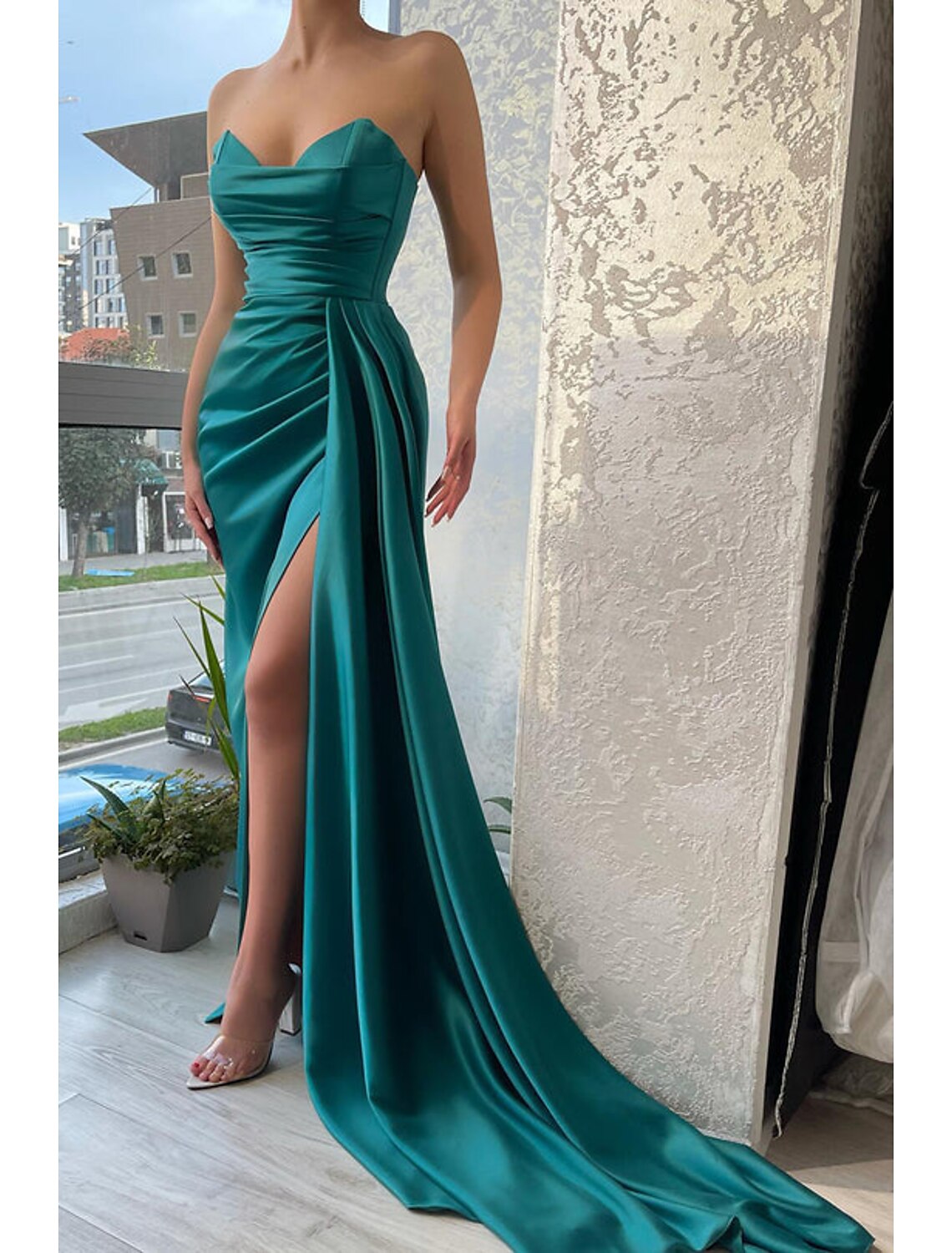 Mermaid Strapless Satin Sleeveless High Slit Evening Gown - Chloe Dress