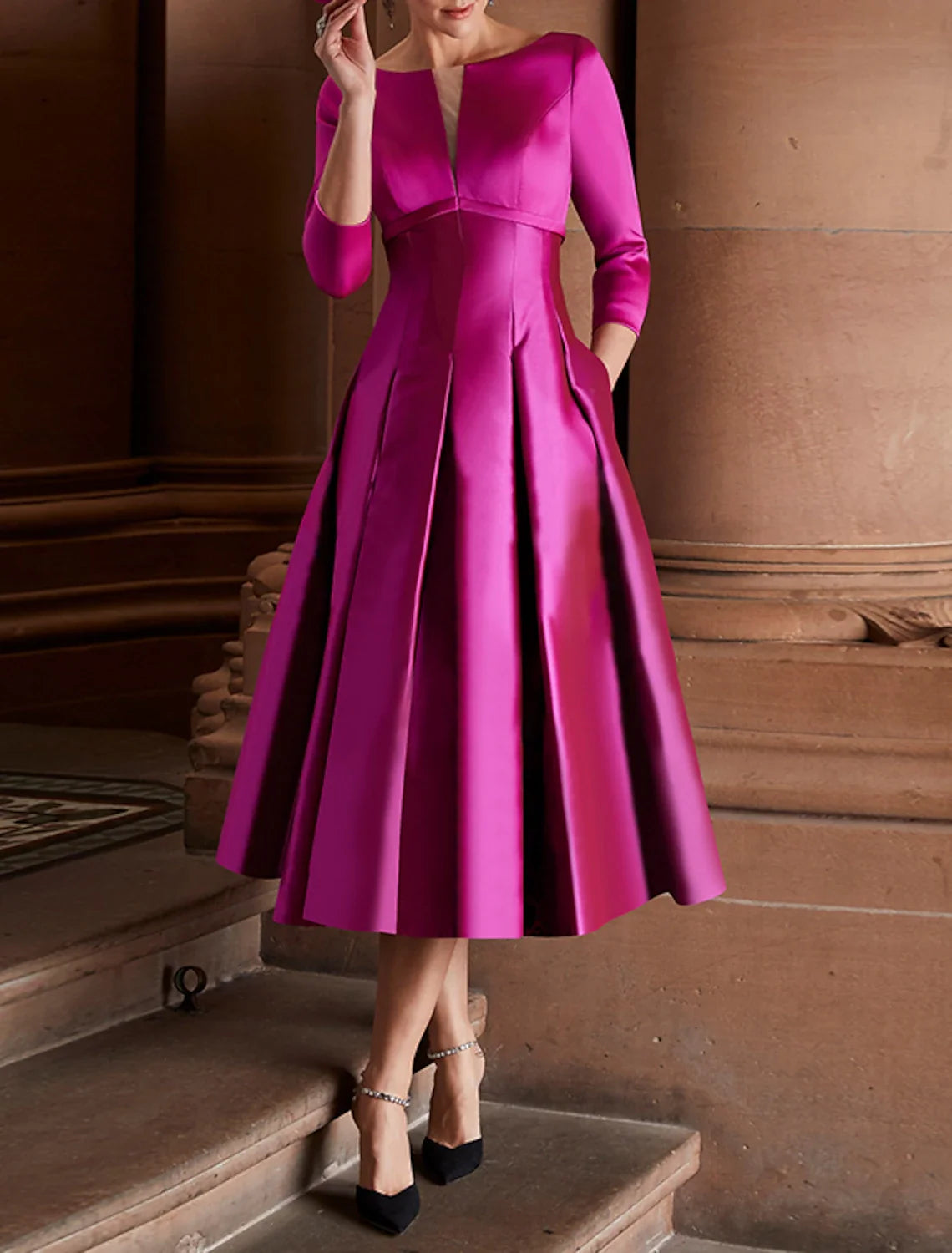 Green A-Line Satin Three-Quarter Sleeve Pleated Mini Wedding Dress - Chloe Dress