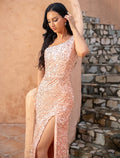 A-Line One-Shoulder Satin Sleeveless High Slit Evening Gown - Chloe Dress