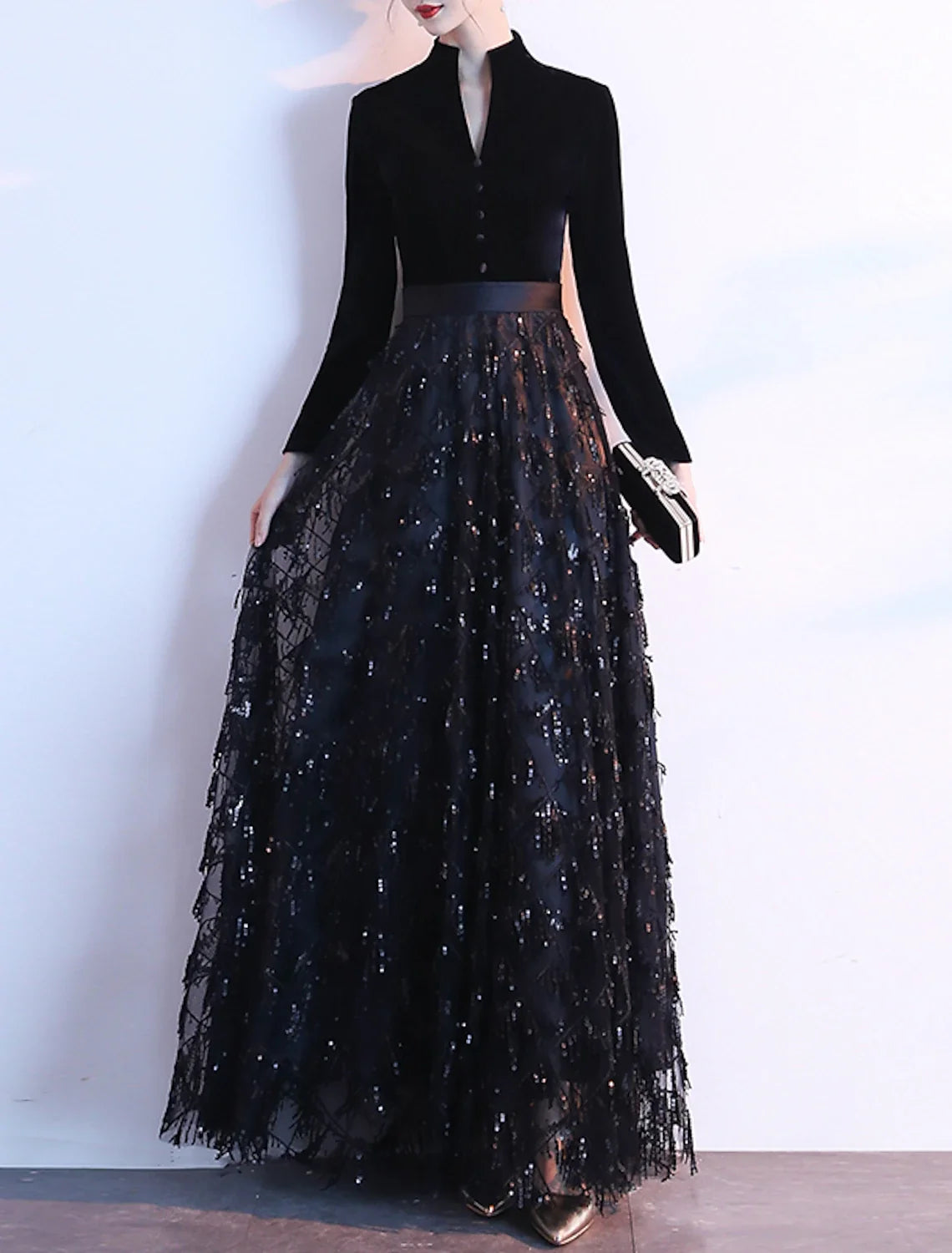 A-Line Sequin Long Sleeve Floor-Length Evening Dress - Chloe Dress