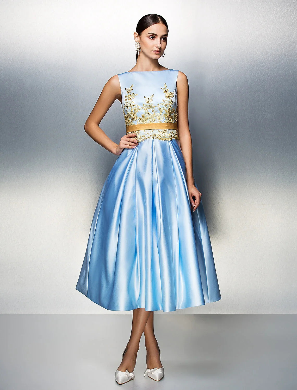 A-Line Satin Sleeveless Pleated Tea-Length Prom Dress - Chloe Dress