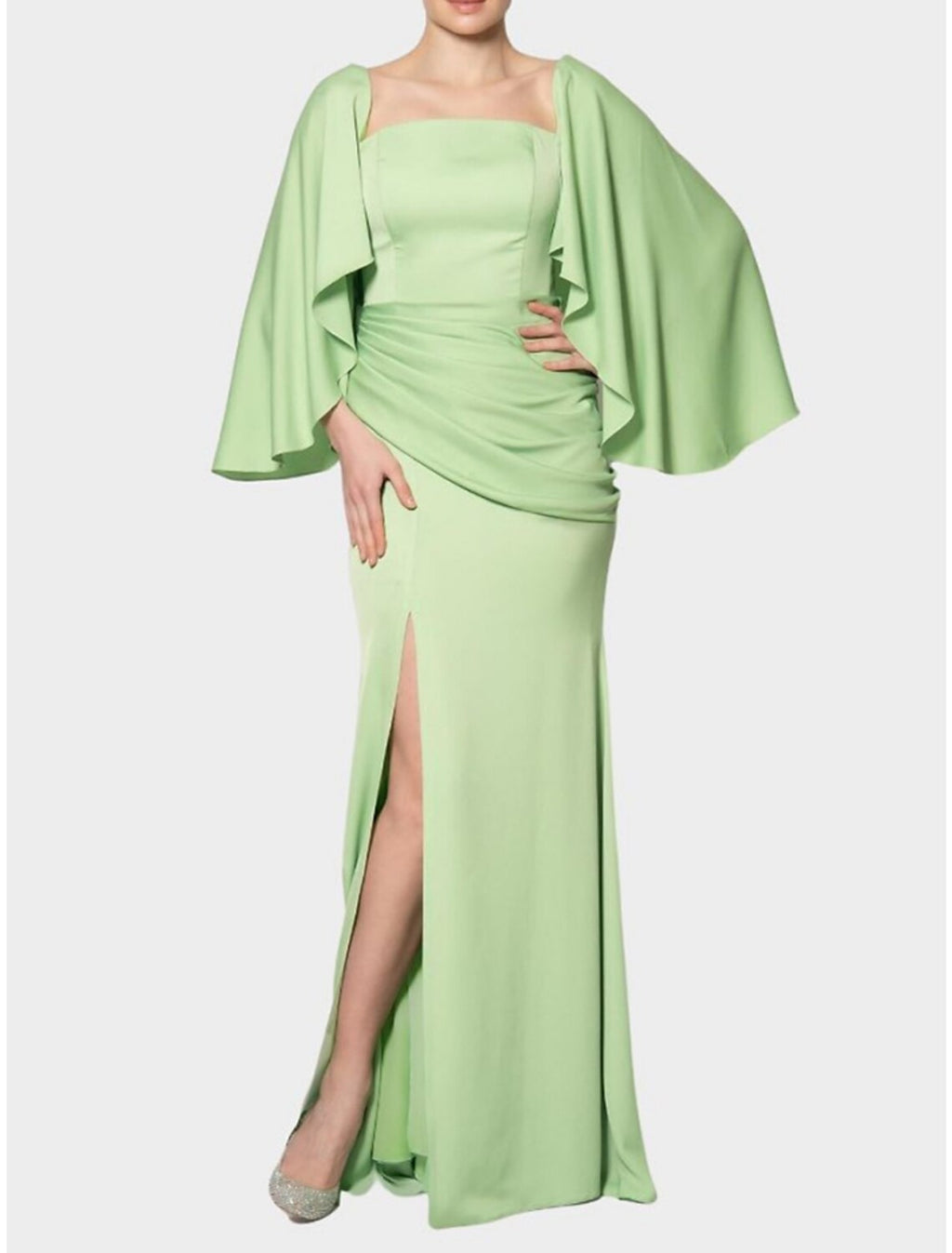 Green Sheath Square Neck Chiffon Long Sleeve High Slit Evening Gown - Chloe Dress