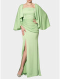 Green Sheath Square Neck Chiffon Long Sleeve High Slit Evening Gown - Chloe Dress