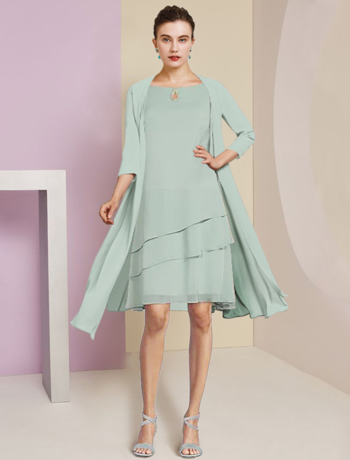 A-Line Chiffon Three-Quarter Sleeve Knee-Length Wedding Dress - Chloe Dress